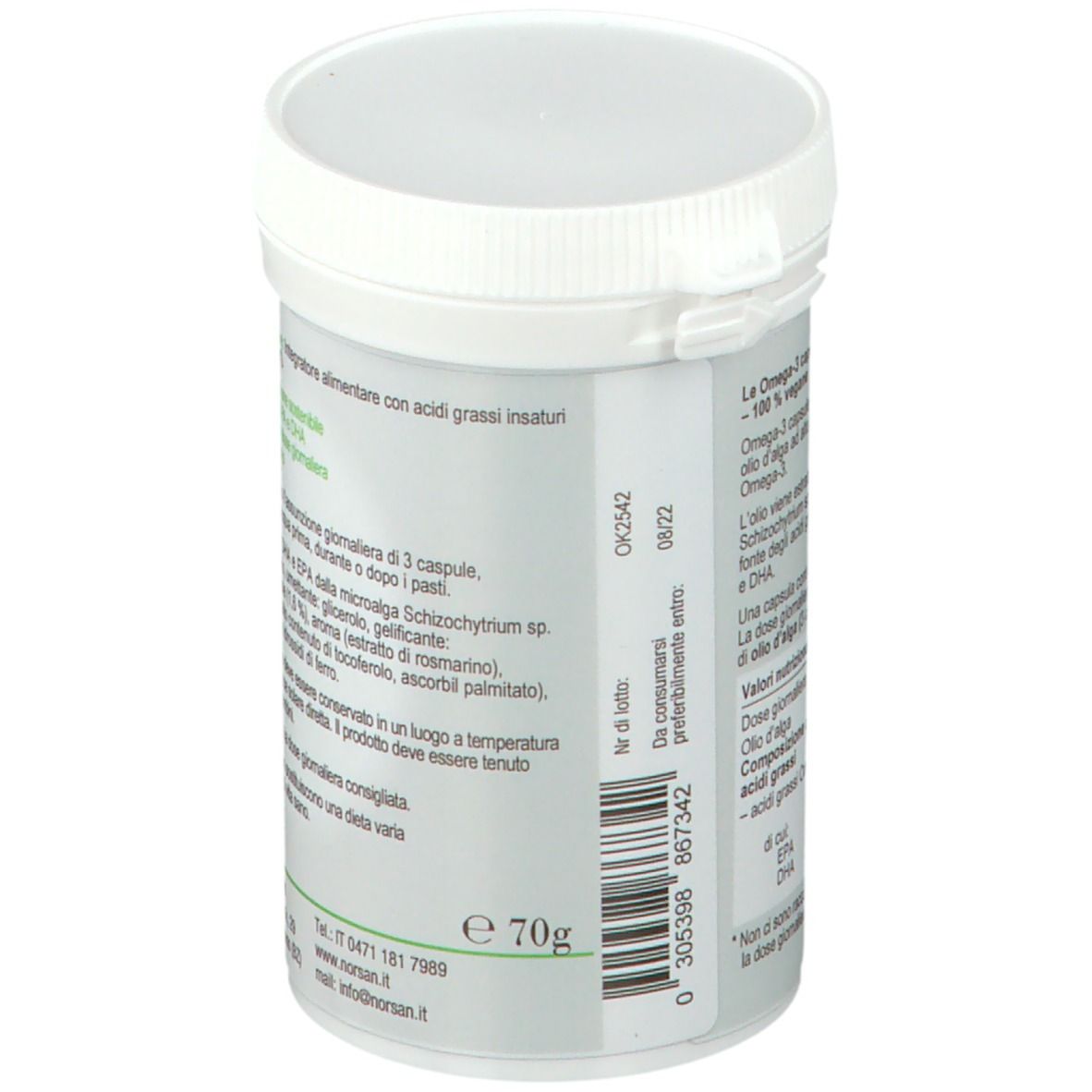 Barattolo bianco, retro con testo. Scritta: NORSAN Omega-3 CAPUSLE VEGANE. Scadenza, ingredienti, peso.