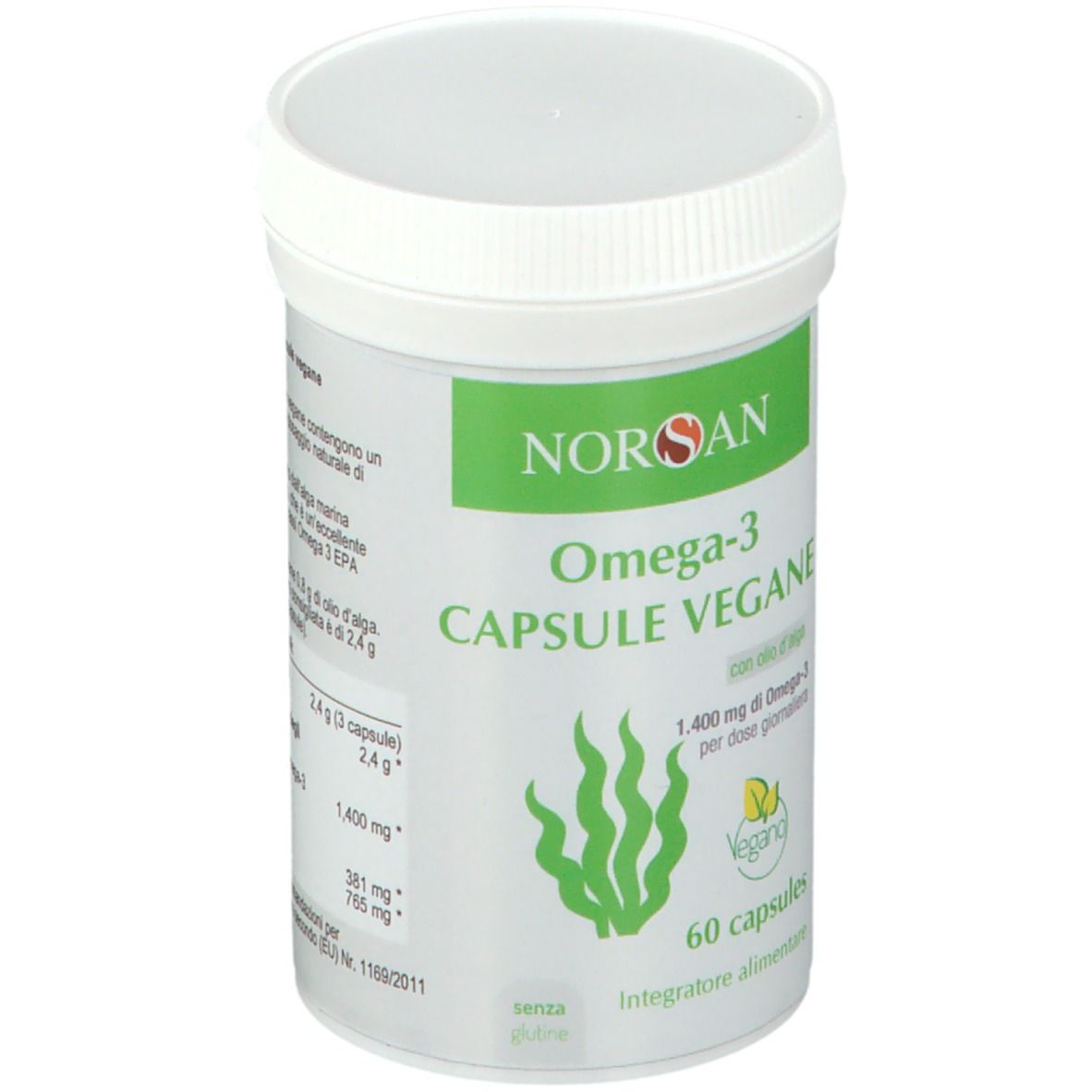 Barattolo bianco con etichetta verde. Scritta: NORSAN Omega-3 CAPSULE VEGANE. 60 capsule. Sigillo vegano.