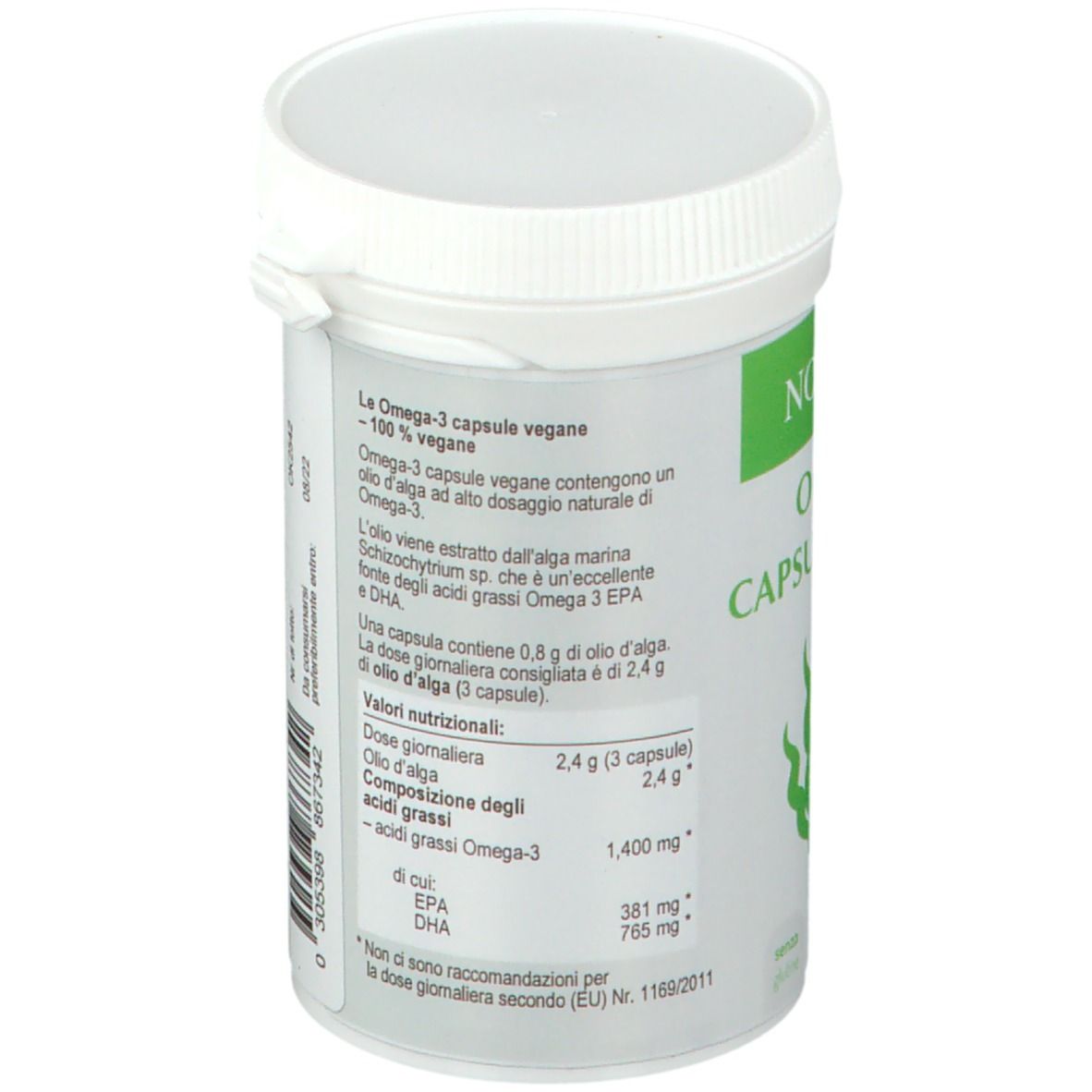 Barattolo bianco, retro con testo. Scritta: NORSAN Omega-3 CAPSULE VEGANE. Valori nutrizionali, ingredienti, istruzioni per l'uso.