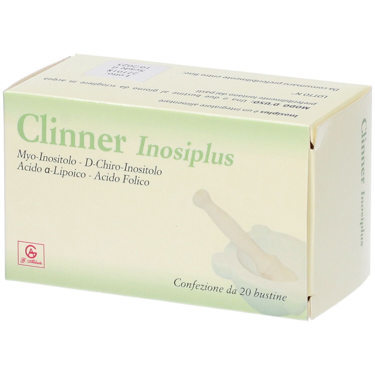 Scatola Clinner Inosiplus con 20 bustine. Contiene Myo-Inositolo, D-Chiro-Inositolo, Acido a-Lipoico, Acido Folico. Logo e testo in italiano.