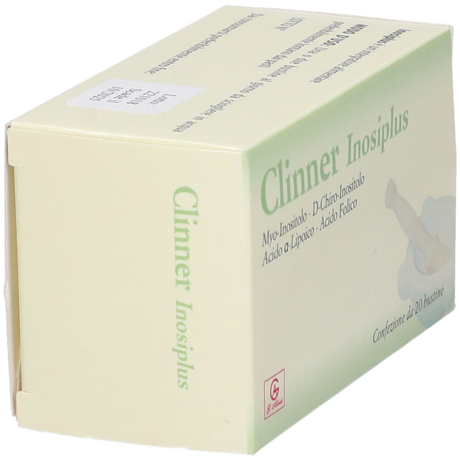 Vista obliqua della confezione Clinner Inosiplus. Contiene Myo-Inositolo, D-Chiro-Inositolo, Acido a-Lipoico, Acido Folico. 20 bustine.