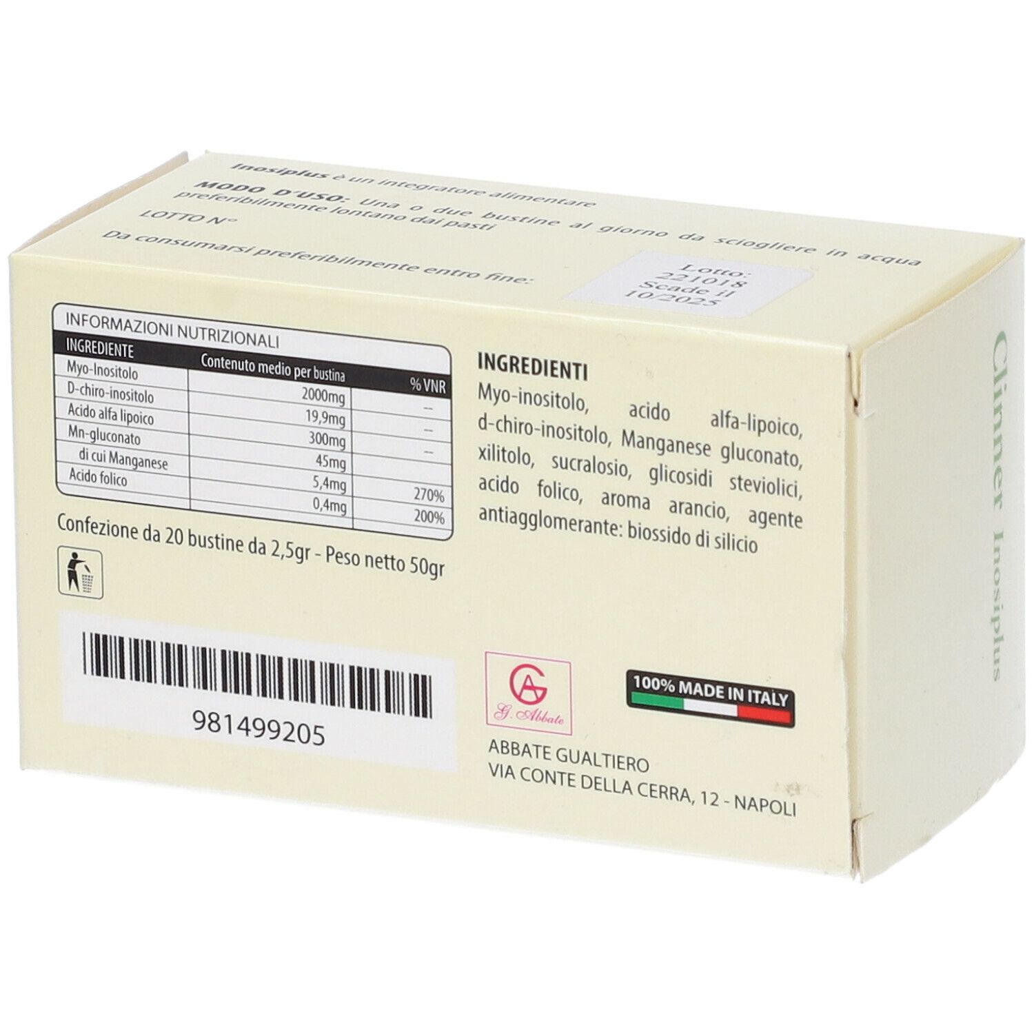 Retro della confezione Clinner Inosiplus. Contiene informazioni nutrizionali, ingredienti e logo '100% MADE IN ITALY'.