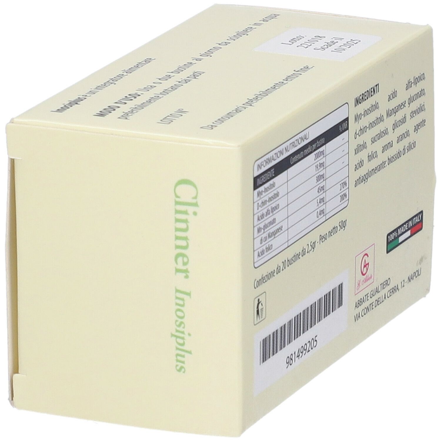Vista obliqua della confezione Clinner Inosiplus. Contiene Myo-Inositolo, D-Chiro-Inositolo, Acido a-Lipoico, Acido Folico. 20 bustine.