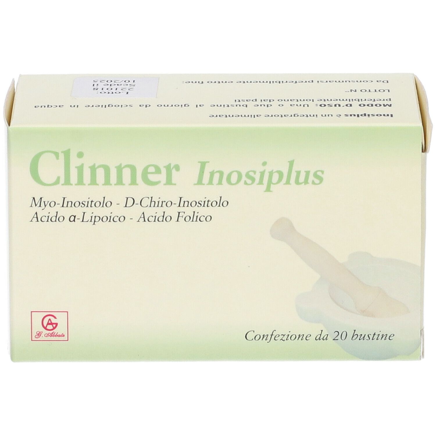 Scatola Clinner Inosiplus con 20 bustine. Contiene Myo-Inositolo, D-Chiro-Inositolo, Acido a-Lipoico, Acido Folico. Testo in italiano.