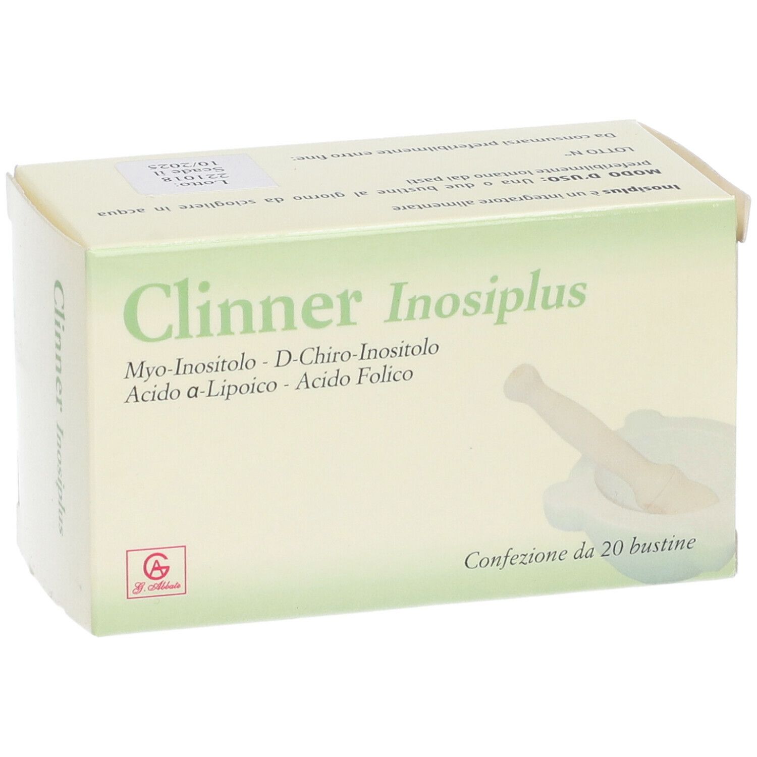 Scatola Clinner Inosiplus con 20 bustine. Contiene Myo-Inositolo, D-Chiro-Inositolo, Acido a-Lipoico, Acido Folico. Testo in italiano.