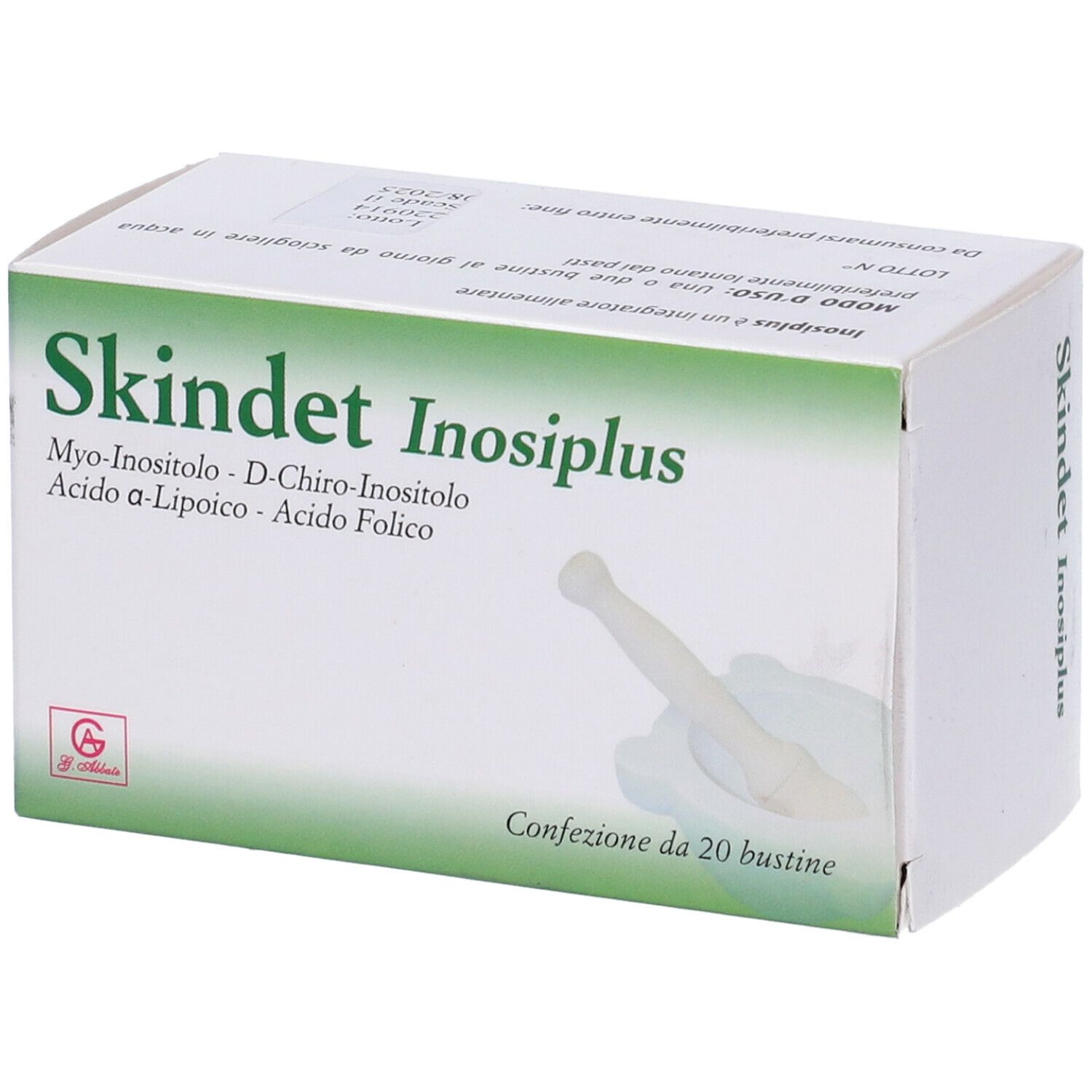 Scatola bianca con dettagli verdi. Scritta Skindet Inosiplus. Contiene 20 bustine. Ingredienti: Myo-inositolo, D-chiro-inositolo, ecc.