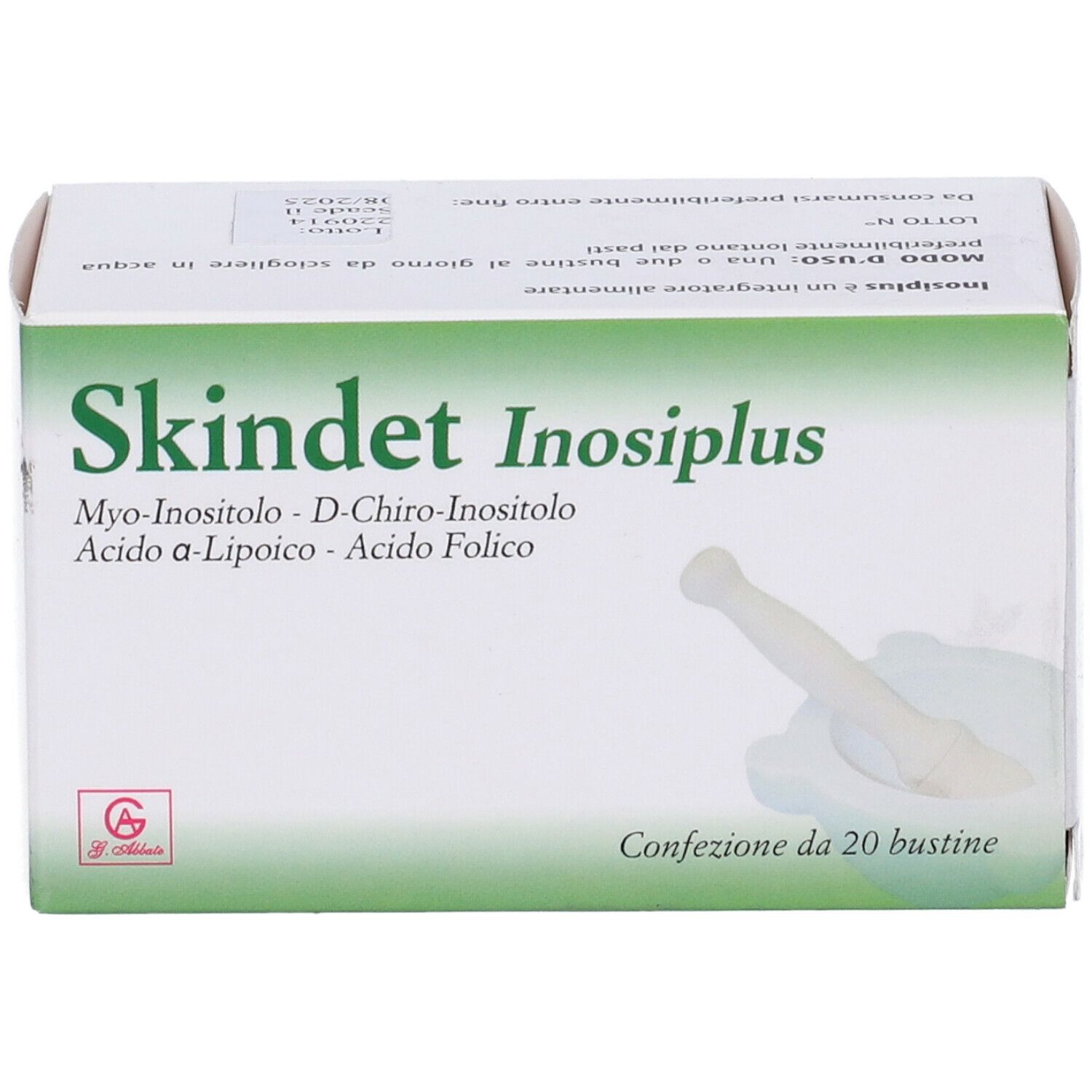 Scatola bianca con dettagli verdi. Scritta Skindet Inosiplus. Contiene 20 bustine. Ingredienti: Myo-inositolo, D-chiro-inositolo, ecc.