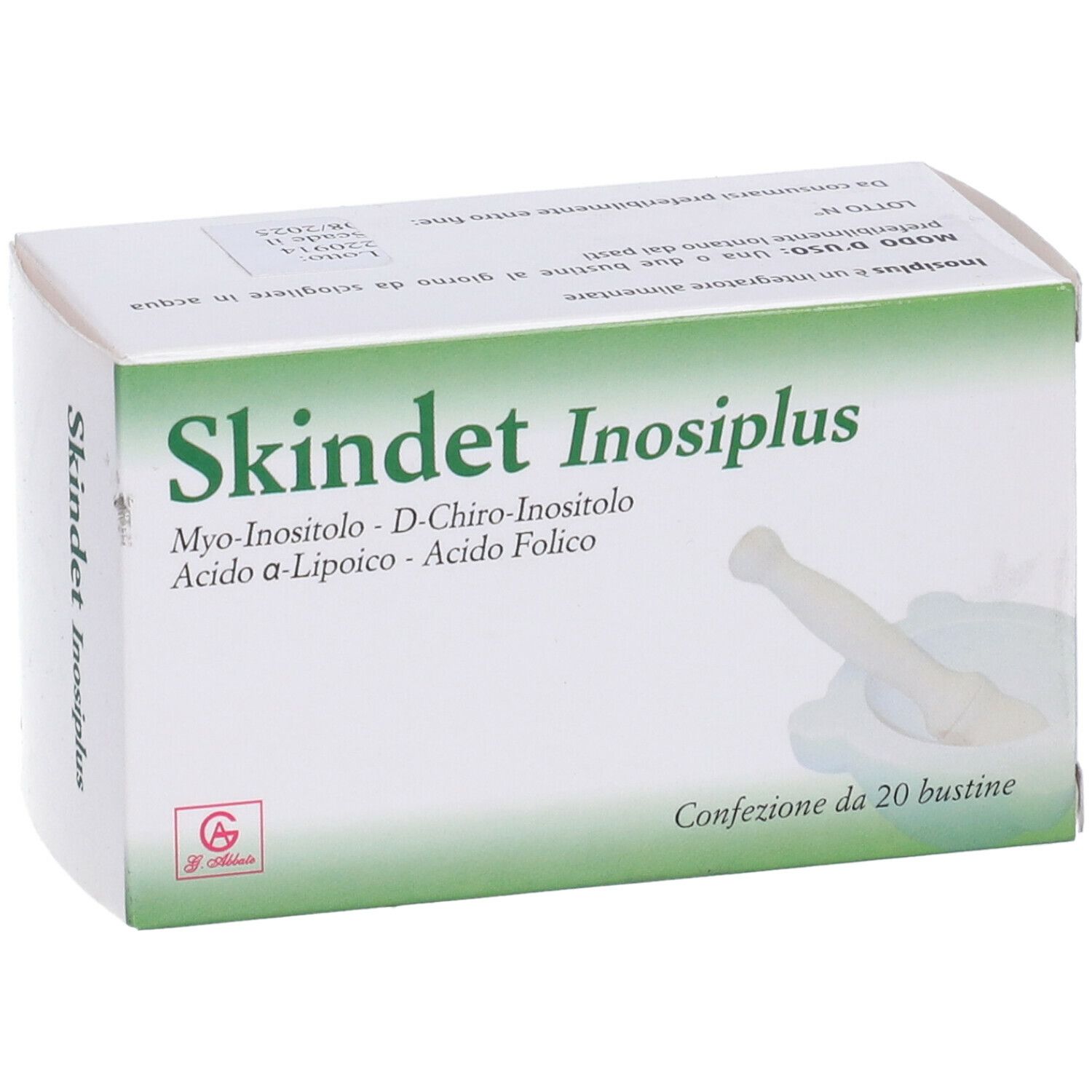 Scatola bianca con dettagli verdi. Scritta Skindet Inosiplus. Contiene 20 bustine. Ingredienti: Myo-inositolo, D-chiro-inositolo, ecc.