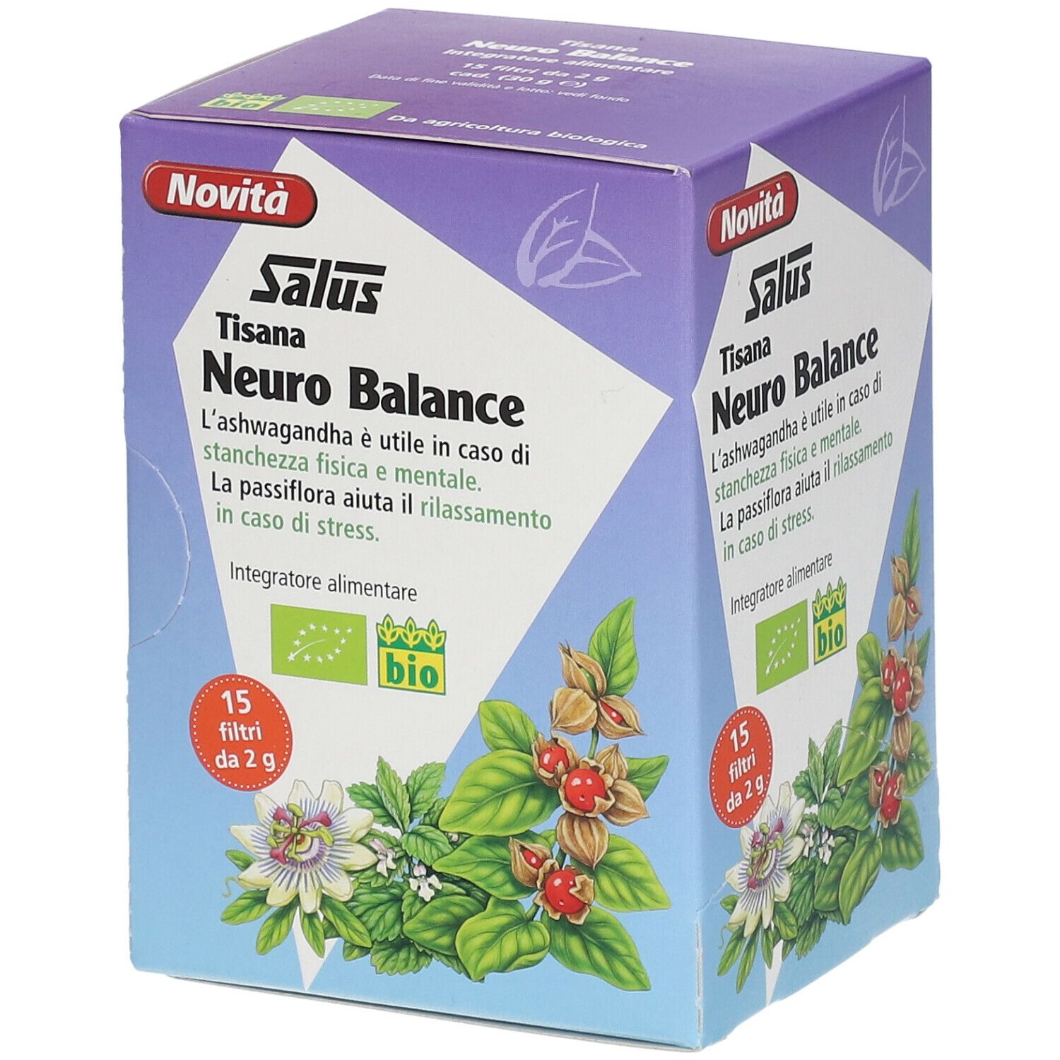 Salus Tisana Neuro Balance. Scatola quadrata con 15 filtri. Certificazione biologica. Informazioni prodotto e design floreale.