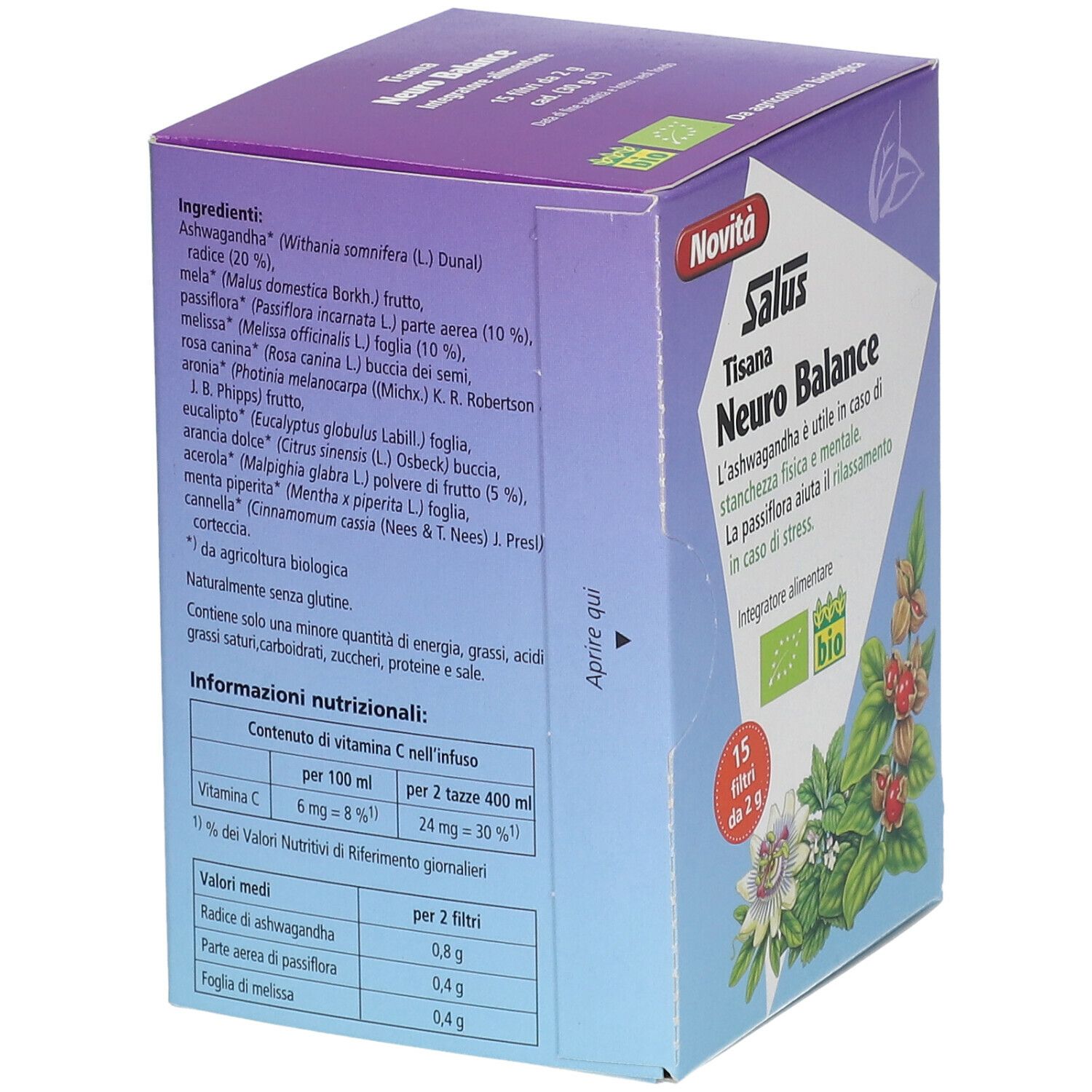 Salus Tisana Neuro Balance. Scatola con elenco ingredienti, informazioni nutrizionali e istruzioni per l'uso. Certificazione bio.