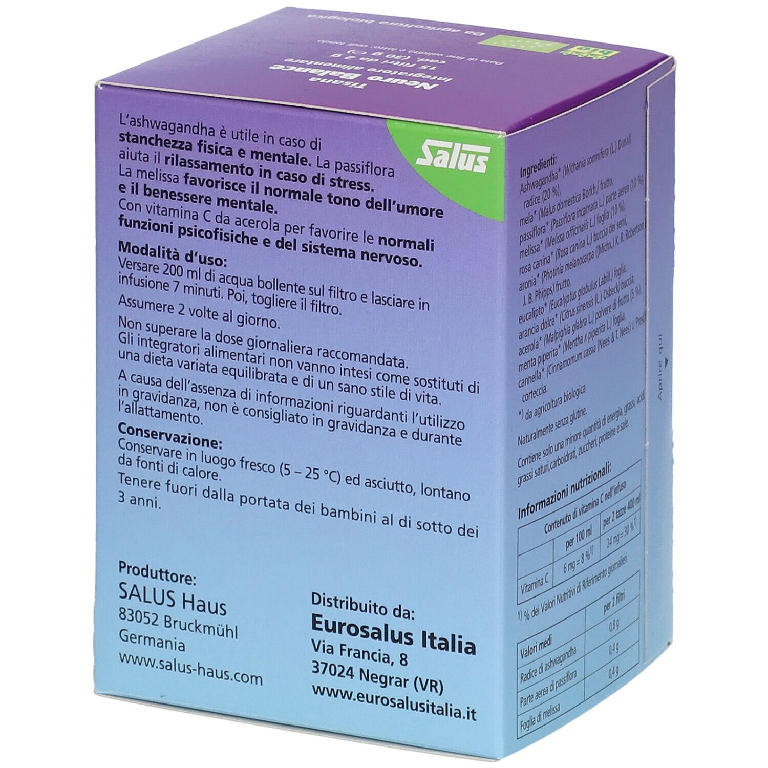 Salus Tisana Neuro Balance. Retro della scatola con istruzioni per l'uso, informazioni produttore e distributore.