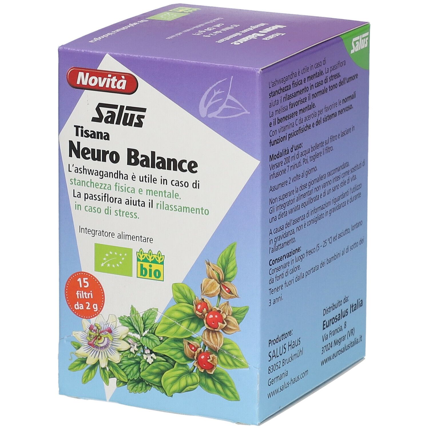 Salus Tisana Neuro Balance. Scatola quadrata con 15 filtri. Certificazione biologica. Informazioni prodotto e design floreale.