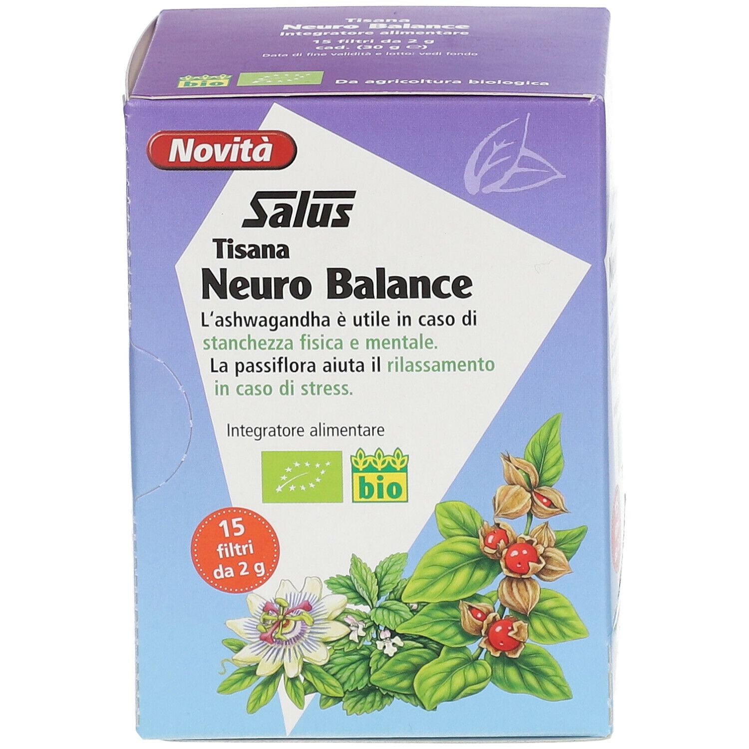 Salus Tisana Neuro Balance. Scatola con 15 filtri. Certificazione biologica. Informazioni prodotto e design floreale.