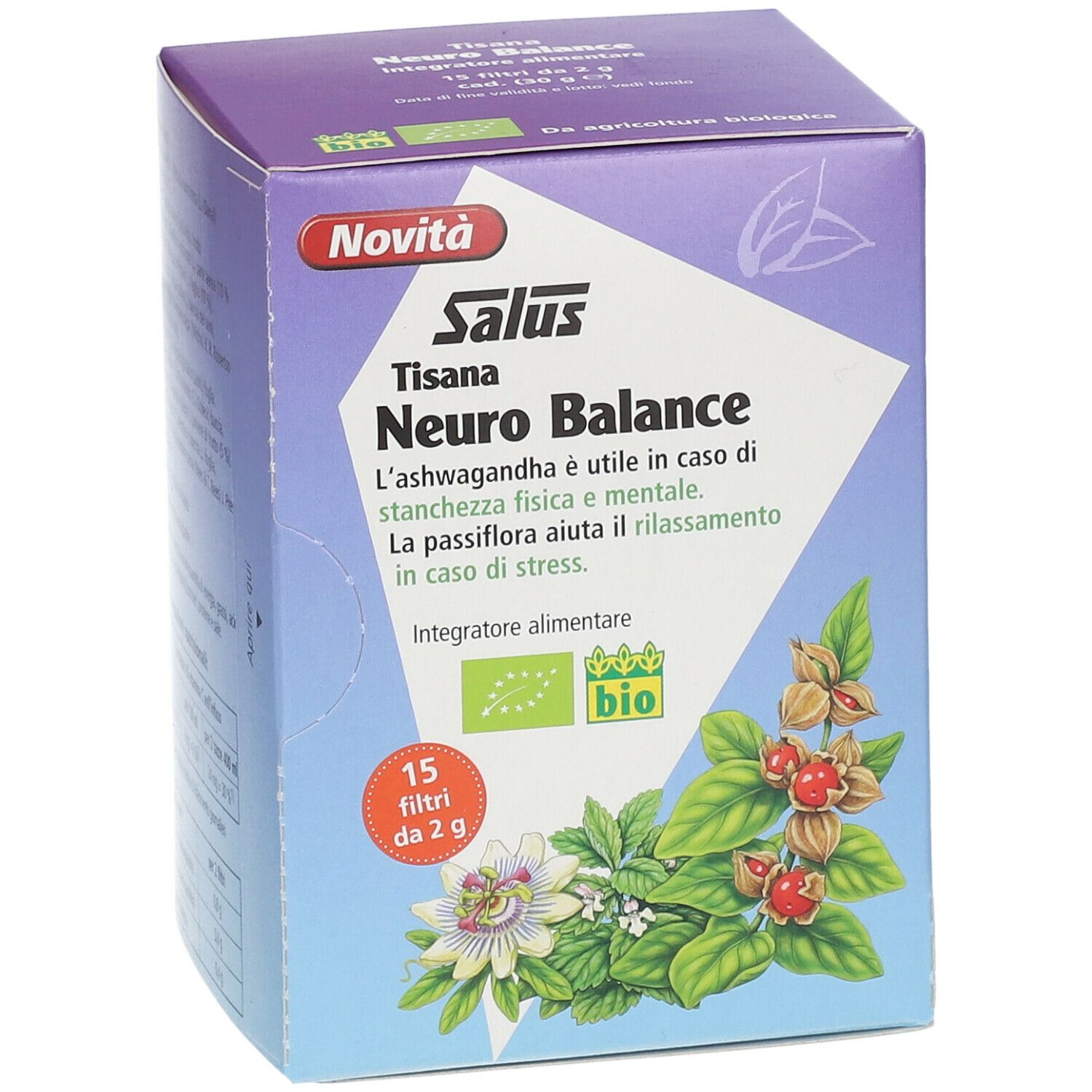 Salus Tisana Neuro Balance. Scatola quadrata con 15 filtri. Certificazione biologica. Informazioni prodotto e design floreale.