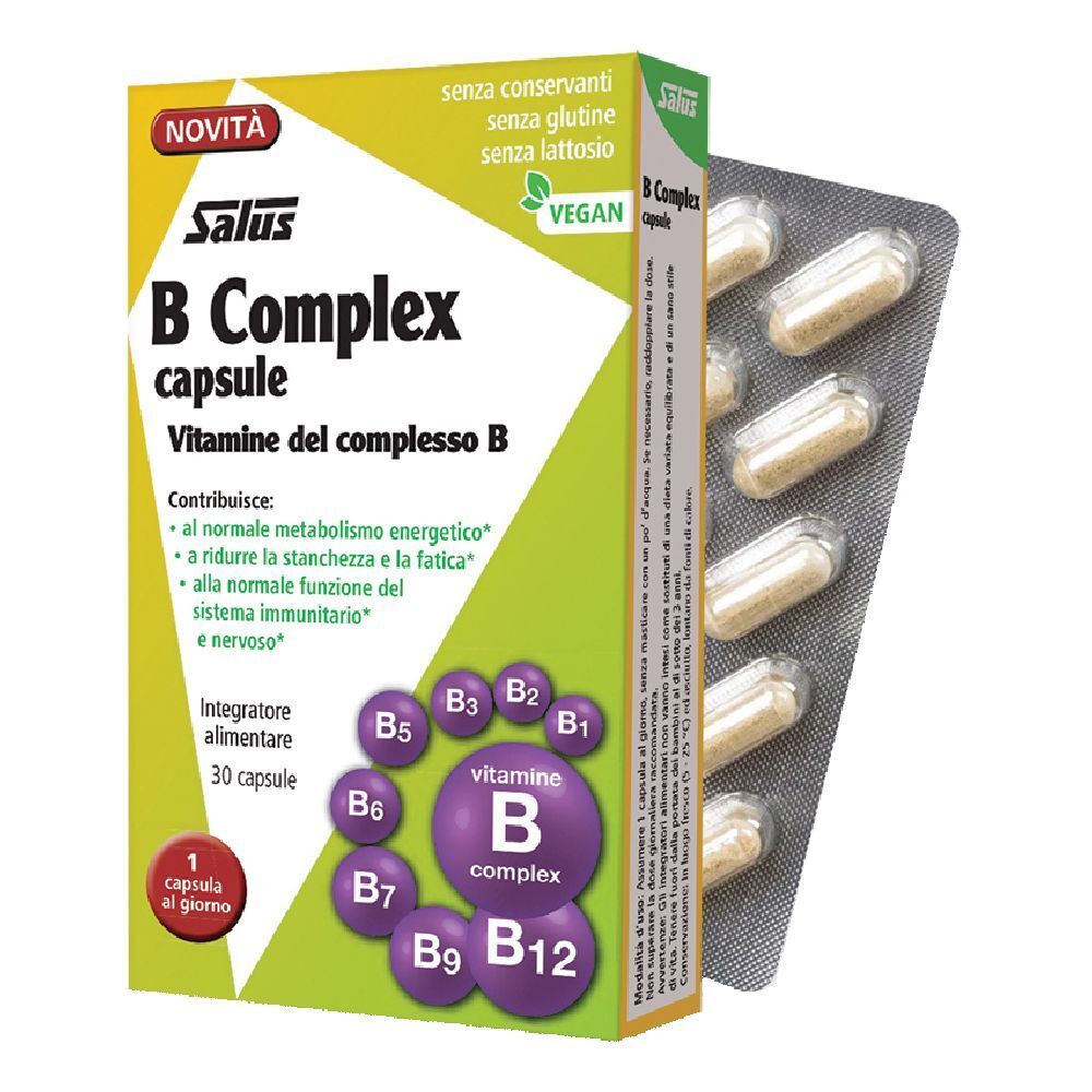 Confezione di capsule Salus B Complex. Contiene 30 capsule. Vegano. Senza conservanti e glutine.