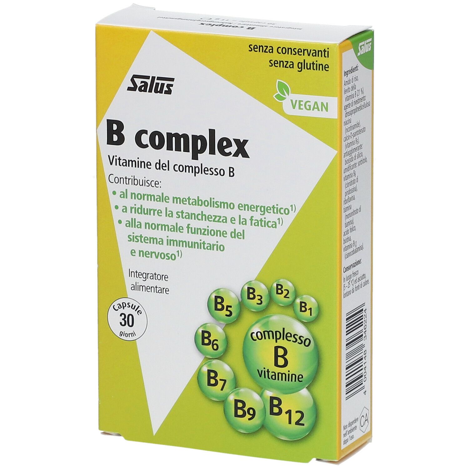 Confezione di capsule Salus B Complex. Contiene 30 capsule. Vegano. Senza conservanti e glutine. Con complesso di vitamina B.