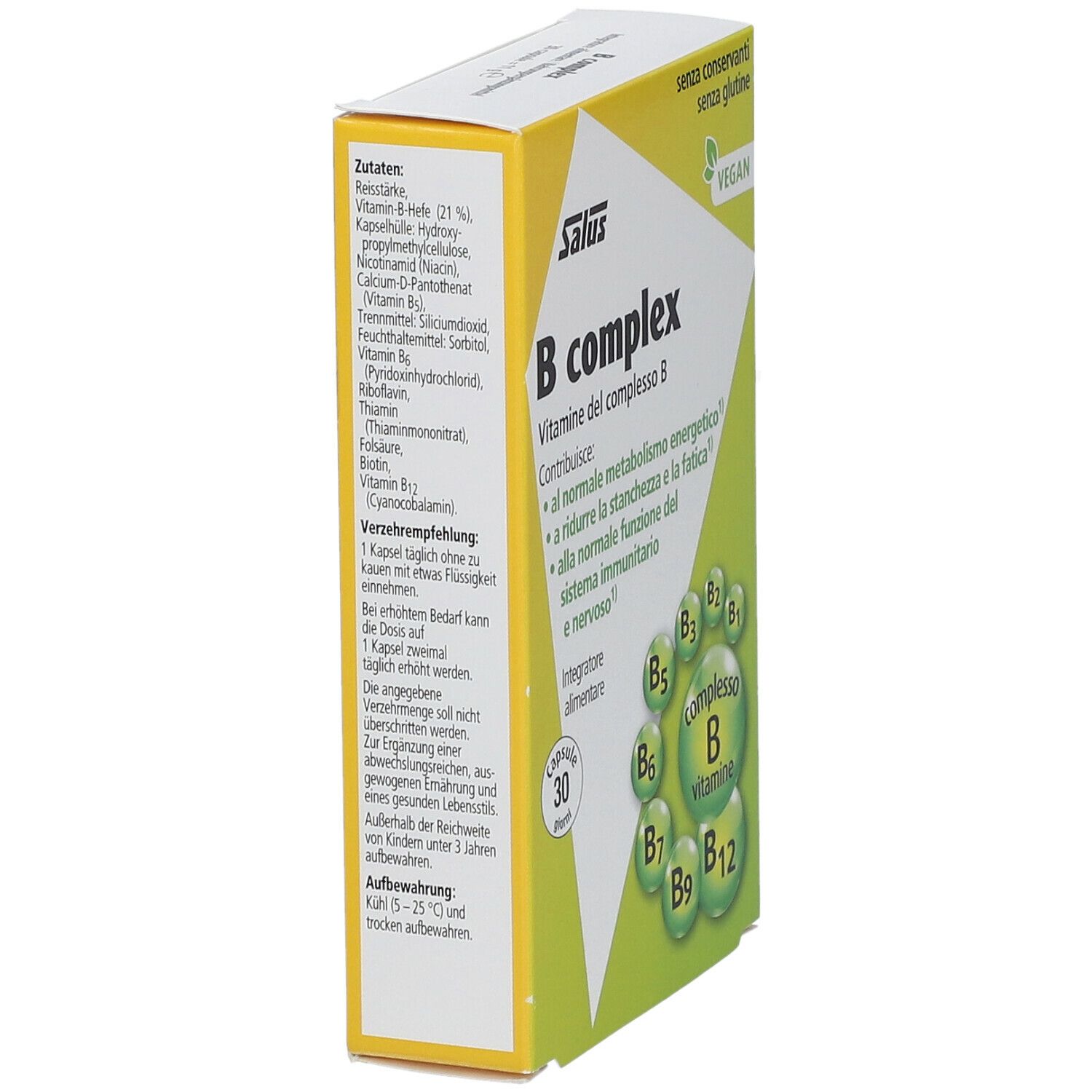 Confezione di capsule Salus B Complex. Contiene 30 capsule. Vegano. Senza conservanti e glutine. Con complesso di vitamina B.