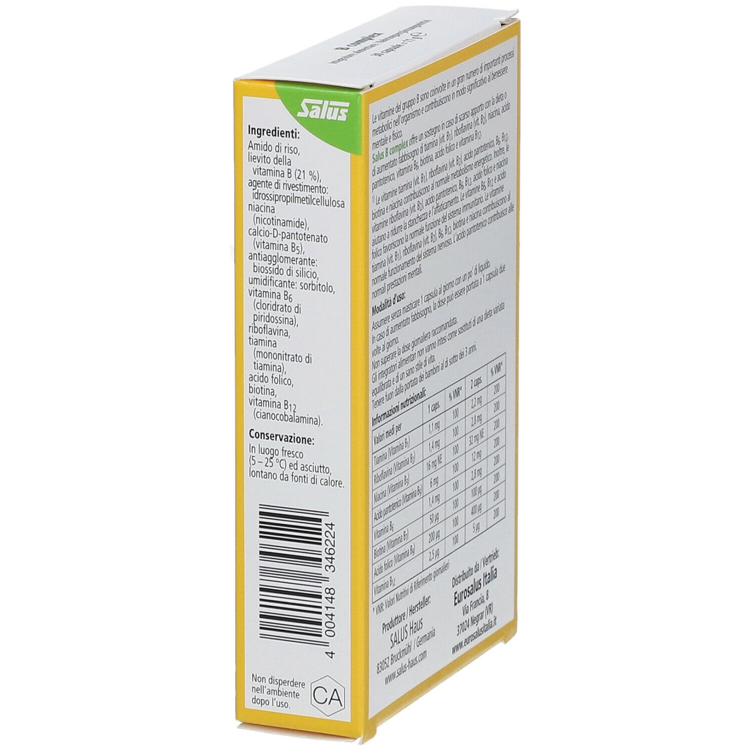 Lato della confezione di capsule Salus B Complex. Contiene informazioni sugli ingredienti, i valori nutrizionali e le istruzioni per l'uso.