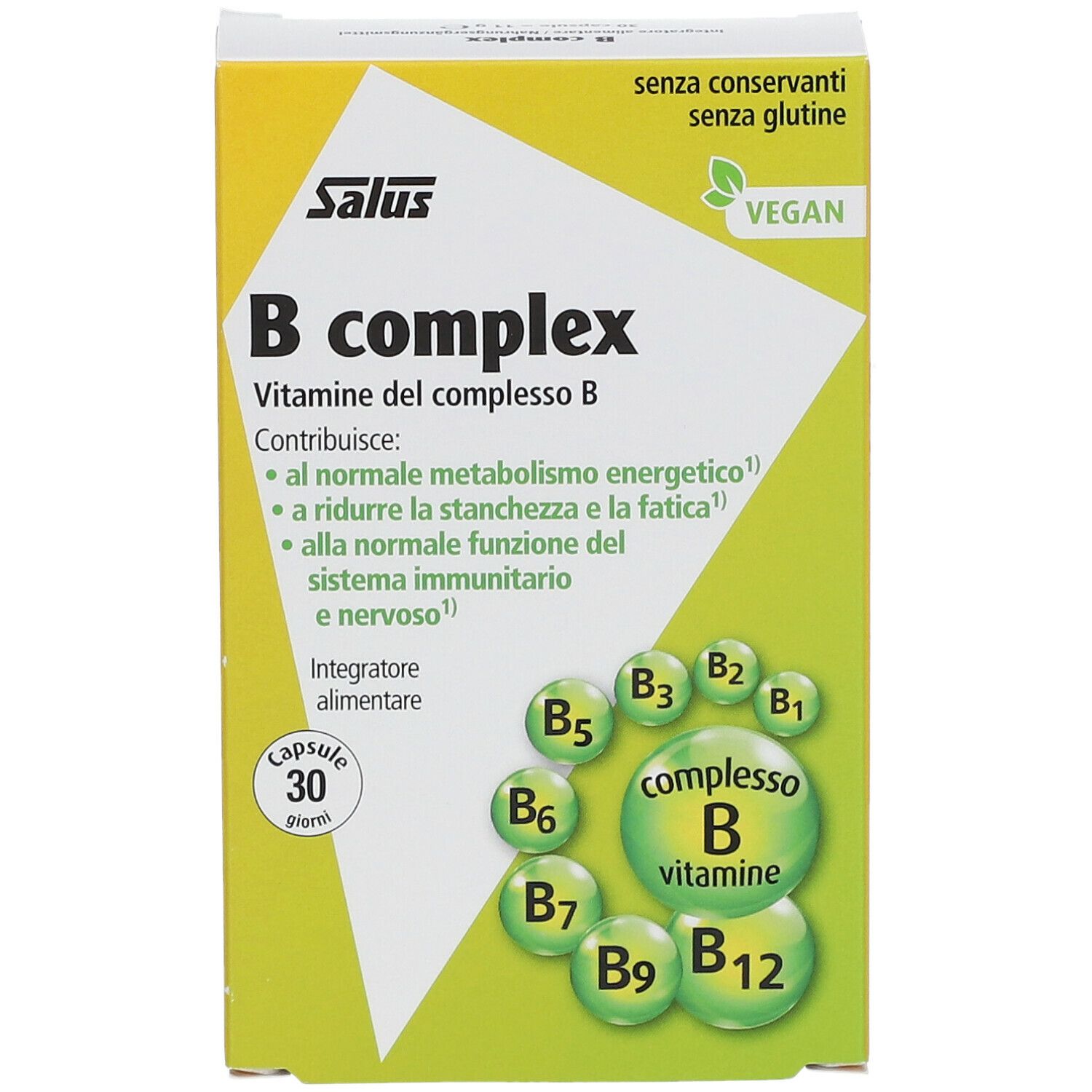 Confezione di capsule Salus B Complex. Contiene 30 capsule. Vegano. Senza conservanti e glutine. Con complesso di vitamina B.