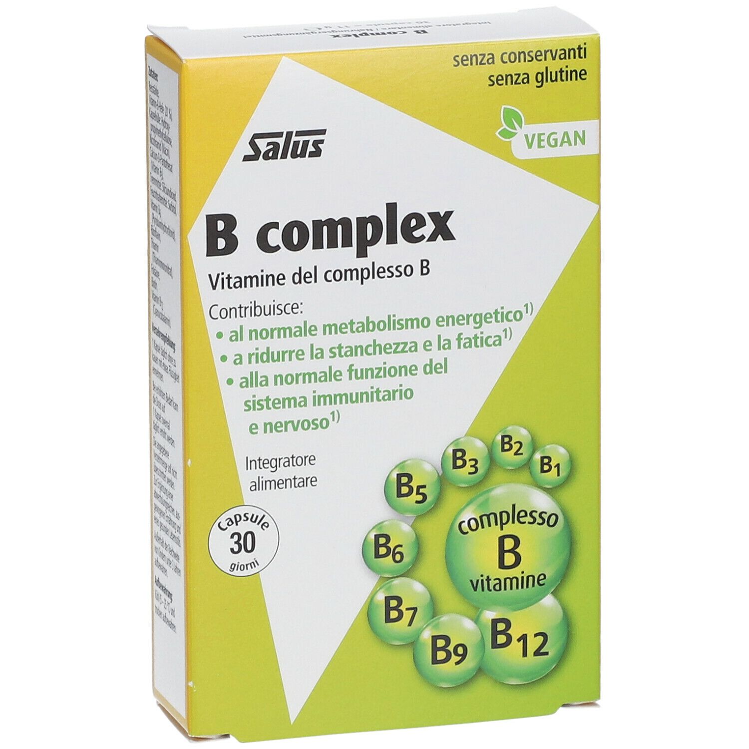 Confezione di capsule Salus B Complex. Contiene 30 capsule. Vegano. Senza conservanti e glutine. Con complesso di vitamina B.