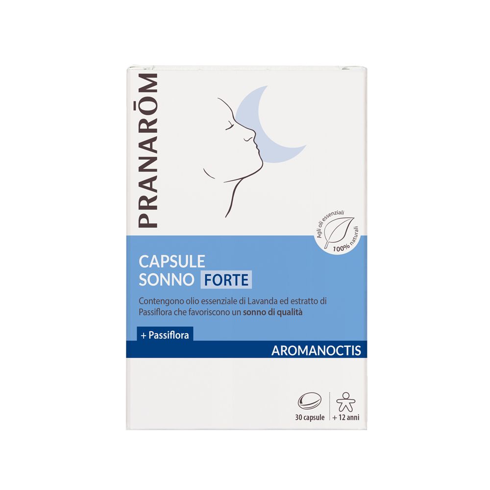 Scatola bianca, testo blu. Scritto: CAPSULE SONNO FORTE. Logo: profilo con luna. 30 capsule. Aromanoctis.