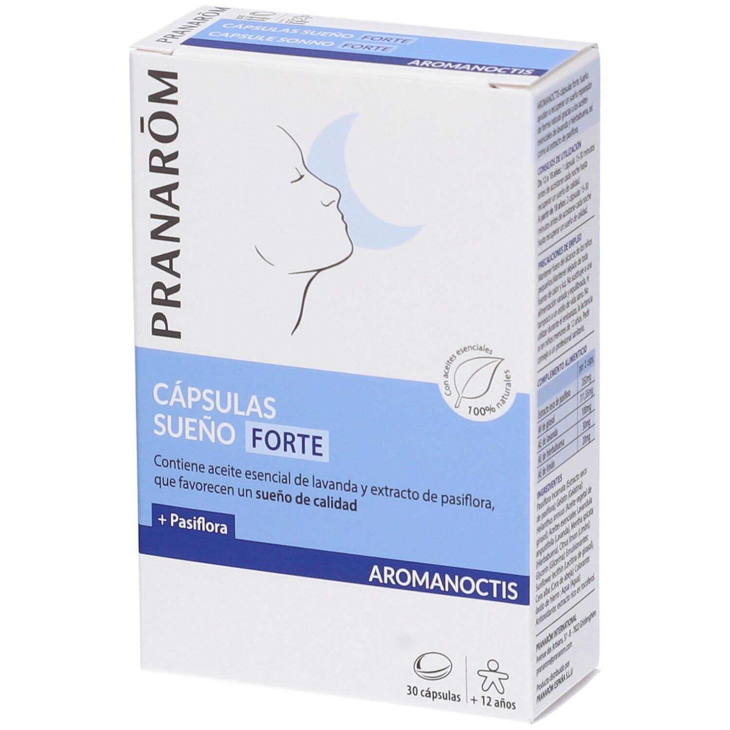 Scatola bianca, testo blu. Scritto: CÁPSULAS SUEÑO FORTE. Logo: profilo con luna. 30 capsule. Aromanoctis.