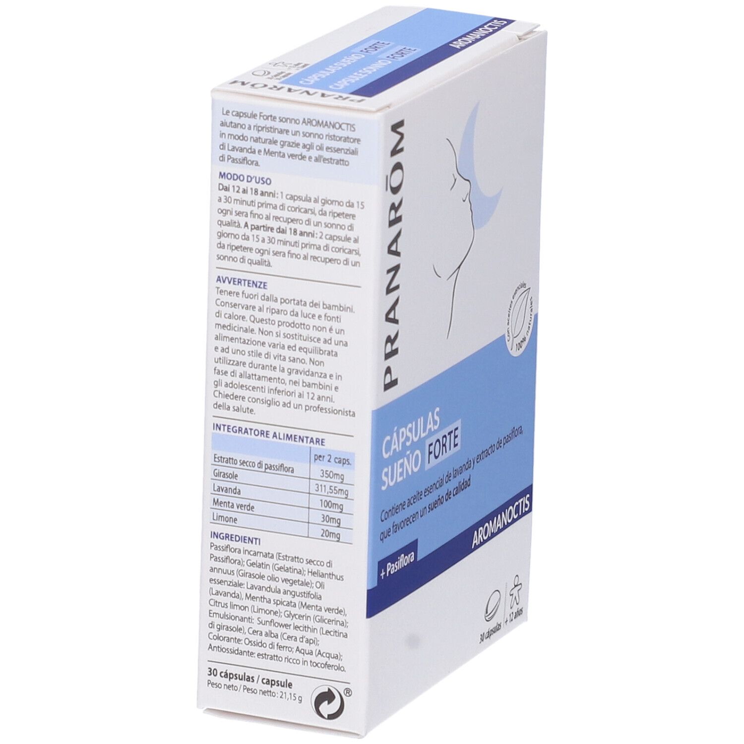 Scatola bianca, testo blu. Scritto: CÁPSULAS SUEÑO FORTE. Logo: profilo con luna. 30 capsule. Aromanoctis.