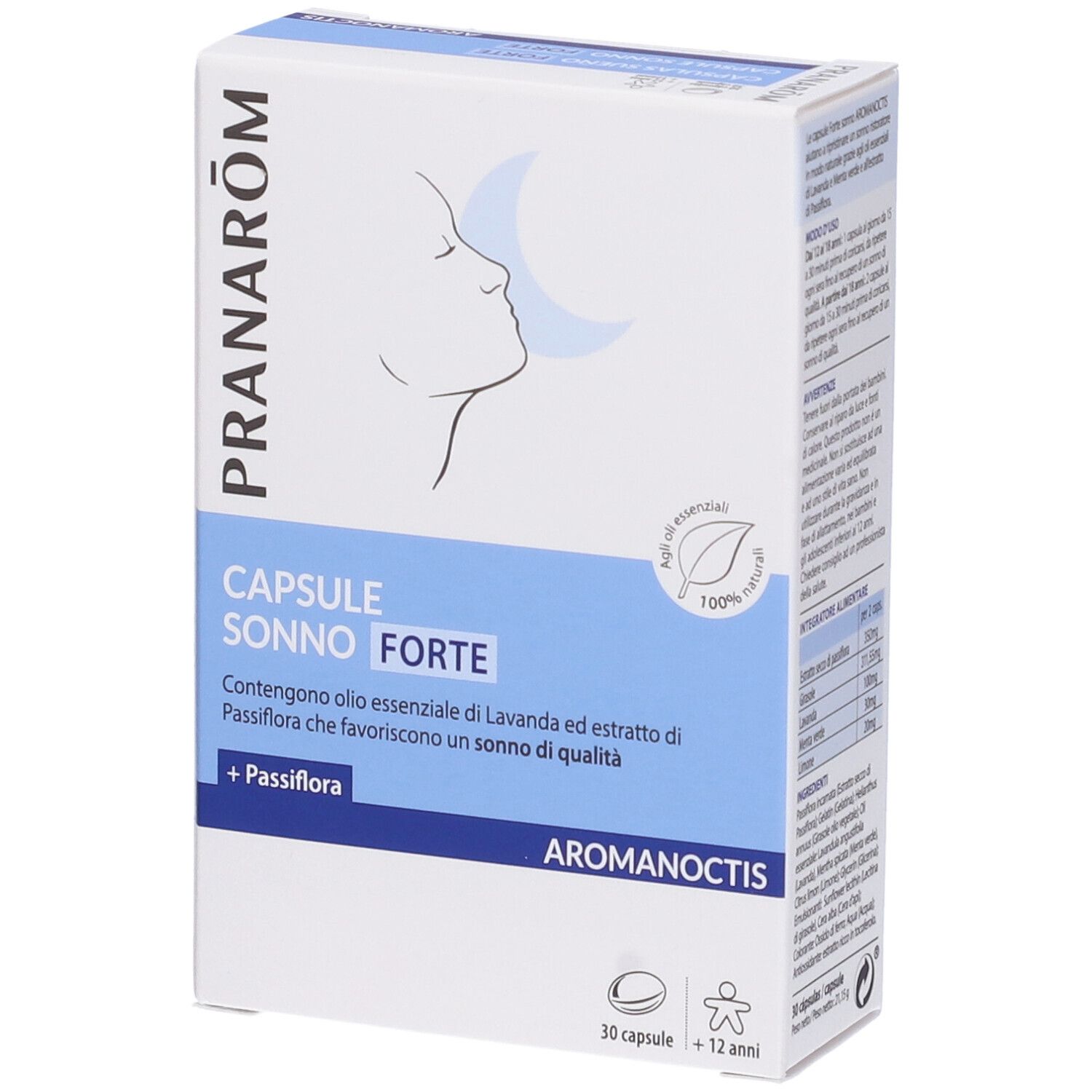 Scatola bianca, testo blu. Scritto: CAPSULE SONNO FORTE. Logo: profilo con luna. 30 capsule. Aromanoctis.