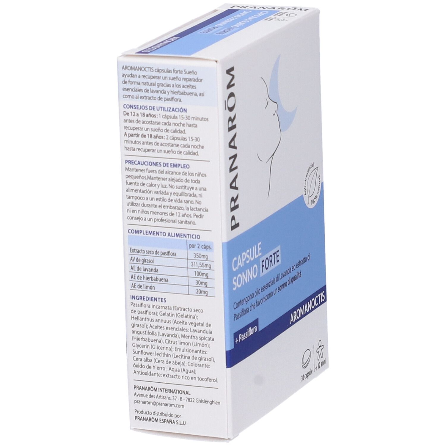 Scatola bianca, testo blu. Scritto: CAPSULE SONNO FORTE. Logo: profilo con luna. 30 capsule. Aromanoctis.