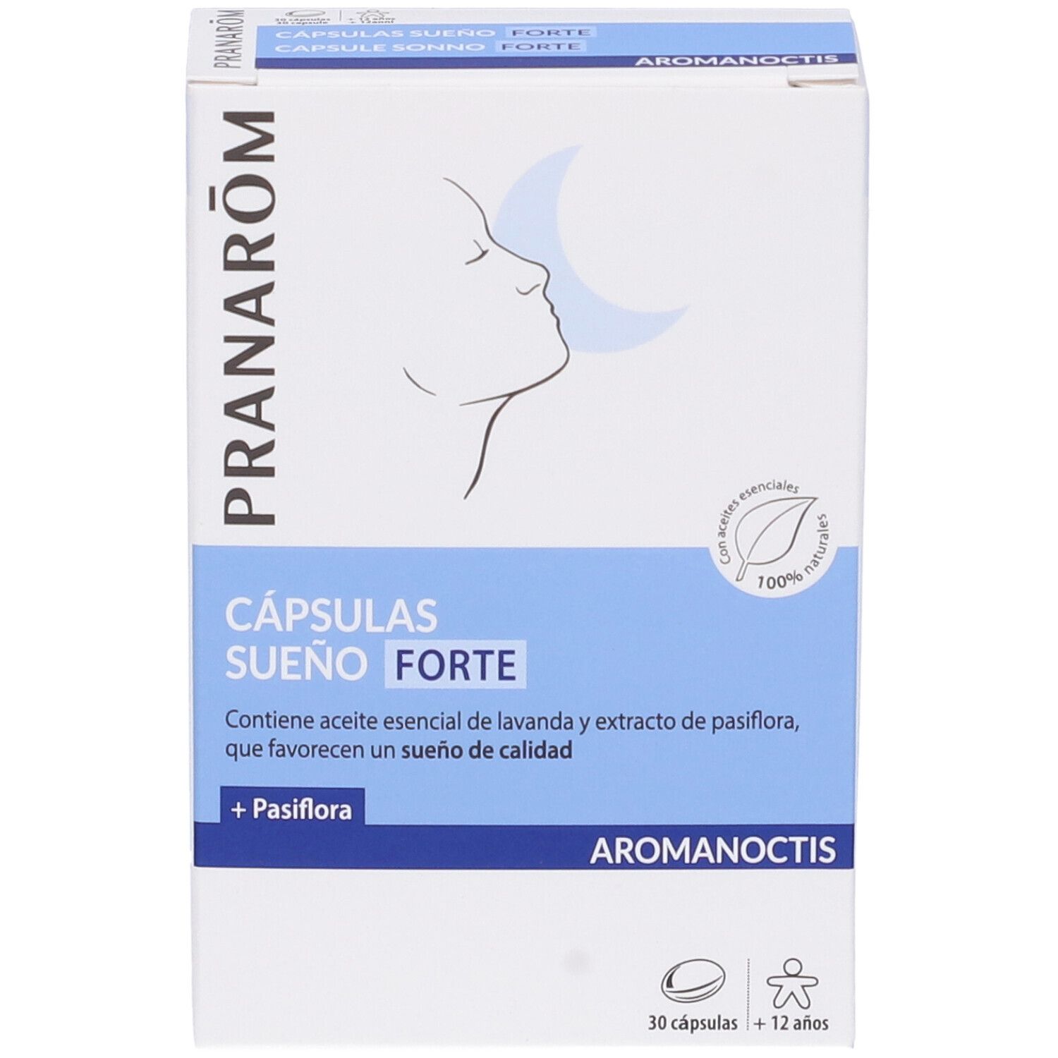 Scatola bianca, testo blu. Scritto: CÁPSULAS SUEÑO FORTE. Logo: profilo con luna. 30 capsule. Aromanoctis.