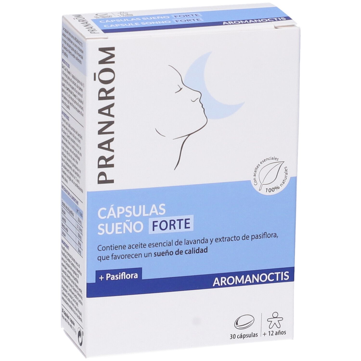 Scatola bianca, testo blu. Scritto: CÁPSULAS SUEÑO FORTE. Logo: profilo con luna. 30 capsule. Aromanoctis.