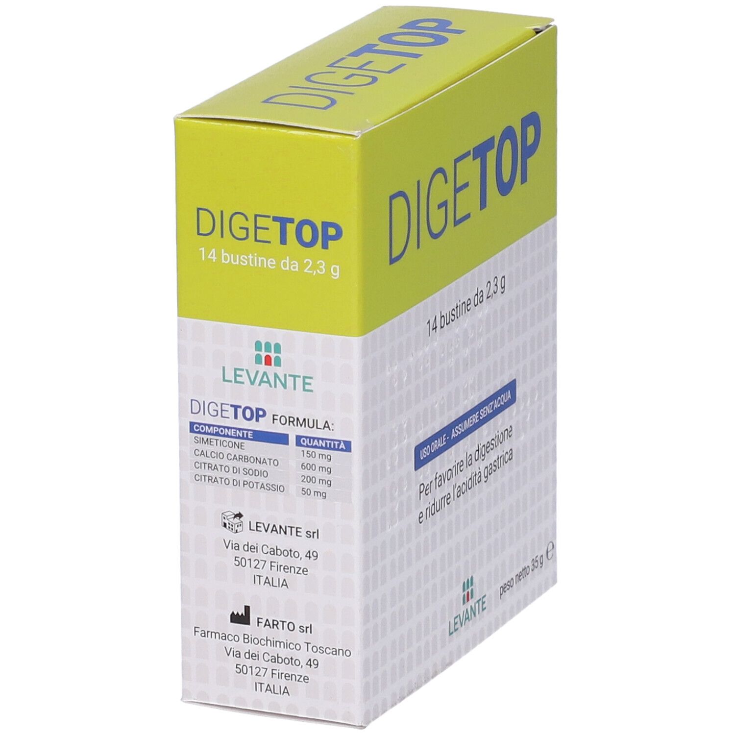 Scatola DigeTop con 14 bustine. Lista ingredienti e indirizzo produttore visibili.