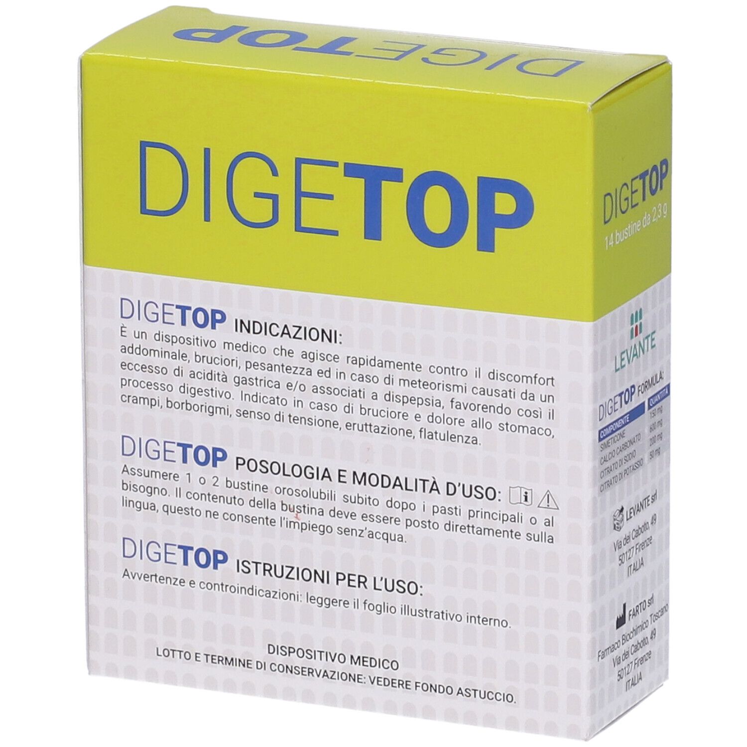 Scatola DigeTop con 14 bustine. Istruzioni per l'uso e informazioni mediche visibili.