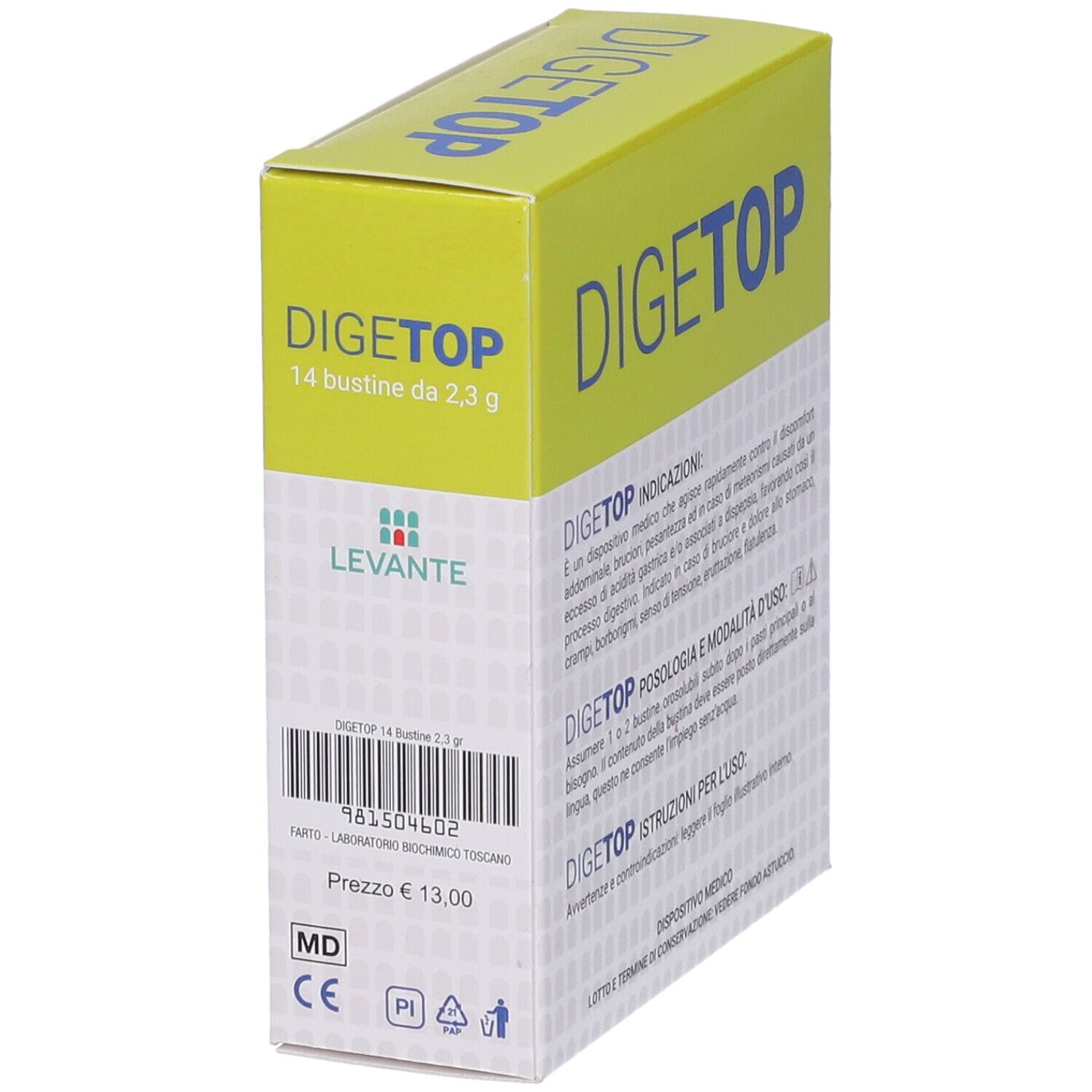 Scatola DigeTop con 14 bustine. Retro con codice a barre, prezzo e indirizzo.
