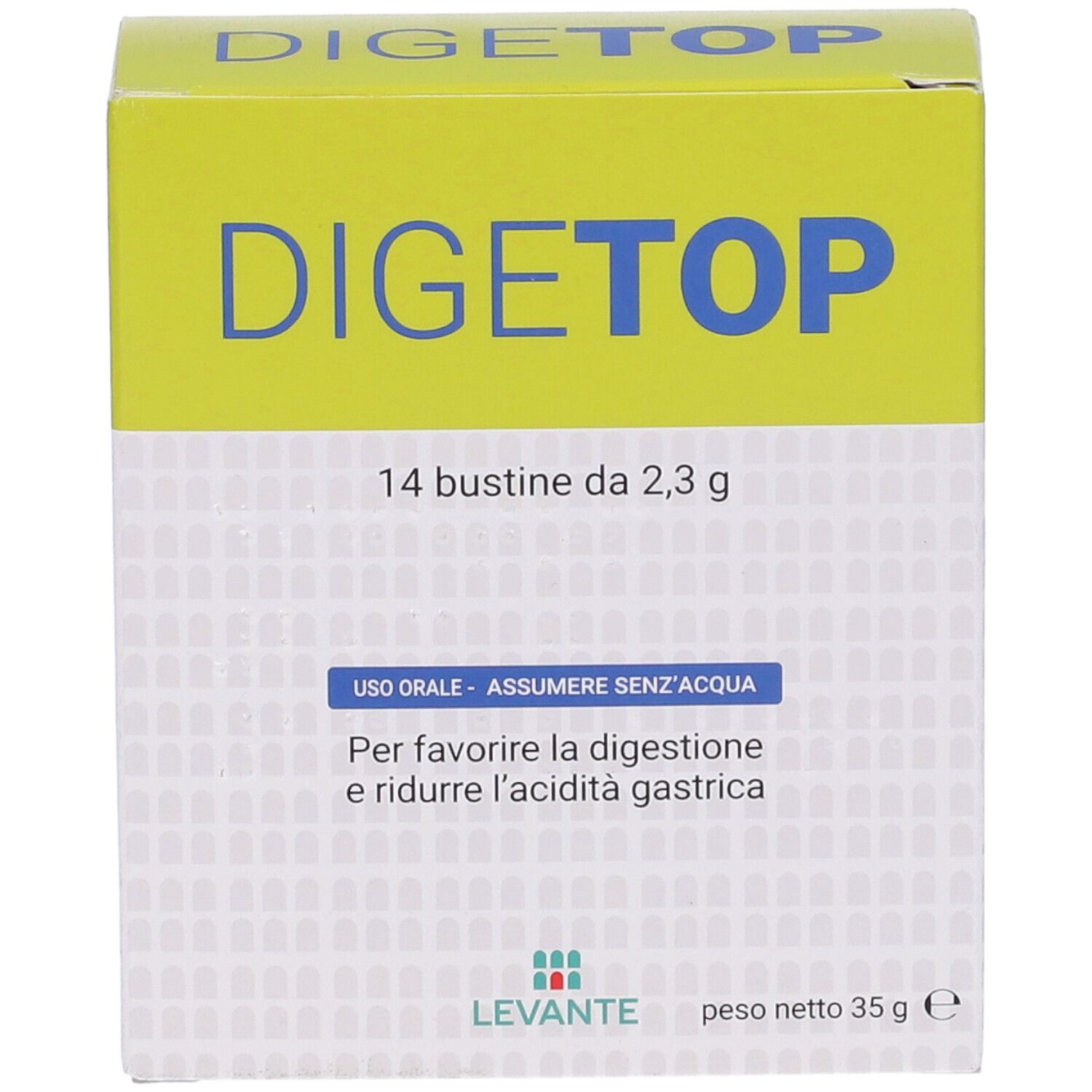 Scatola DigeTop con 14 bustine. Scritta: 'Uso orale - Assumere senz'acqua'.