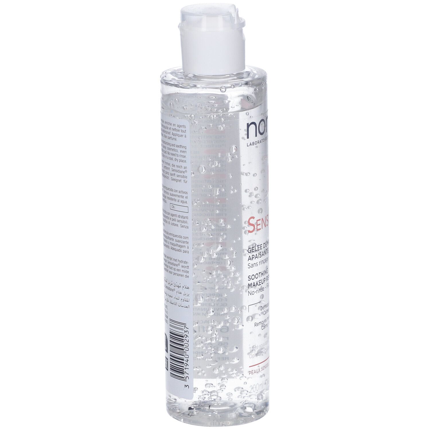 Flacone trasparente con tappo bianco. Scritta Noreva Sensidiane, Gelée Démaquillante Apaisante. Per viso e occhi.