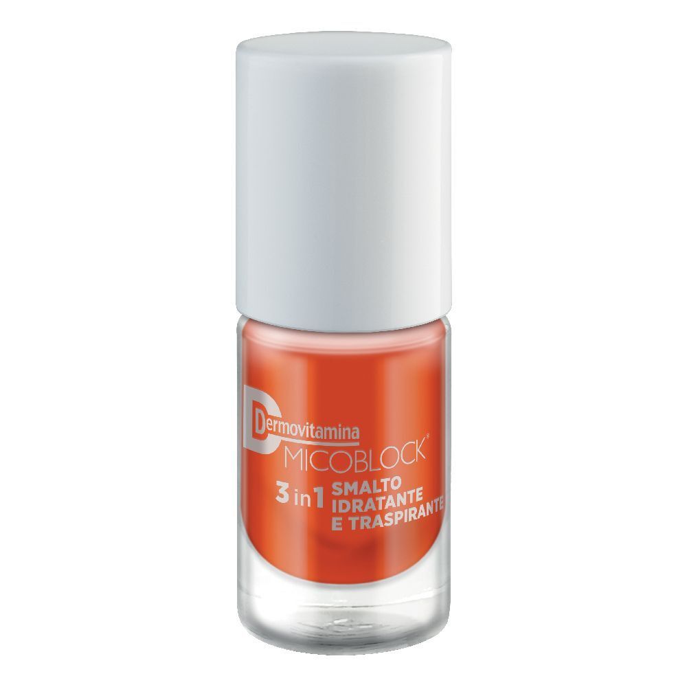 Flacone di smalto con tappo bianco. Scritta: Dermovitamina Micoblock 3 in 1 Smalto Idratante E Traspirante Arancio Scuro.