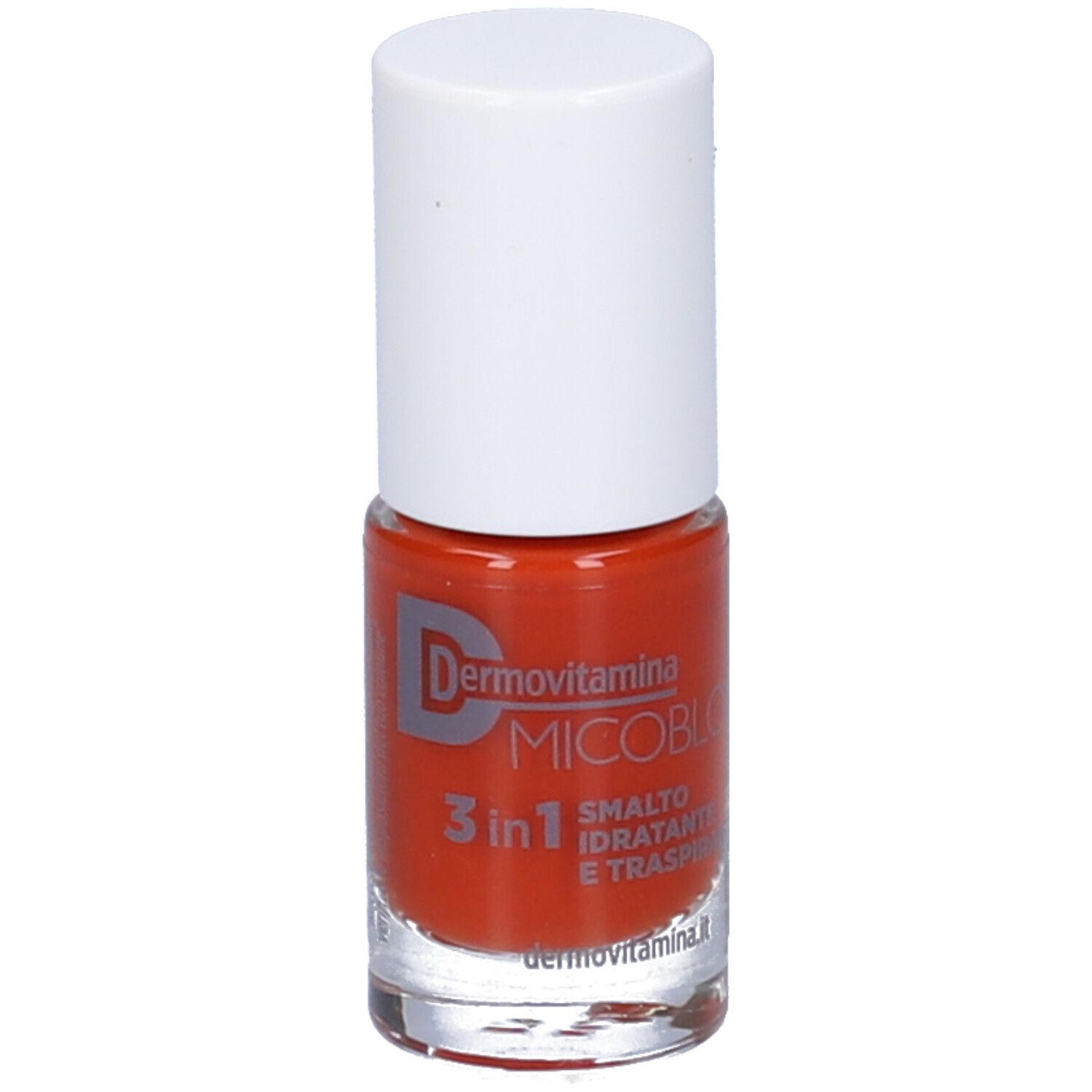 Flacone di smalto con tappo bianco. Scritta: Dermovitamina Micoblock 3 in 1 Smalto Idratante E Traspirante.