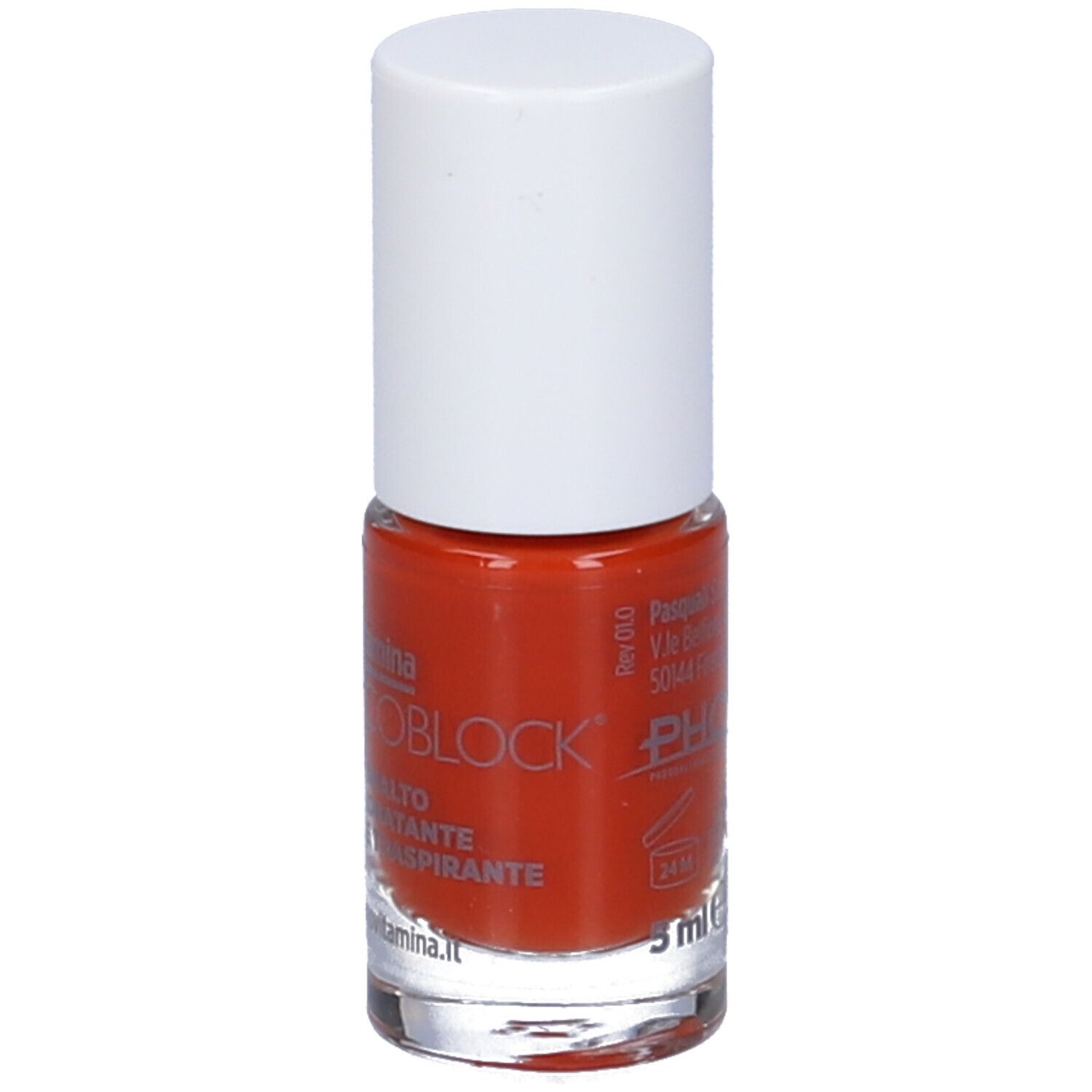 Flacone di smalto con tappo bianco. Scritta: Dermovitamina Micoblock 3 in 1 Smalto Idratante E Traspirante.