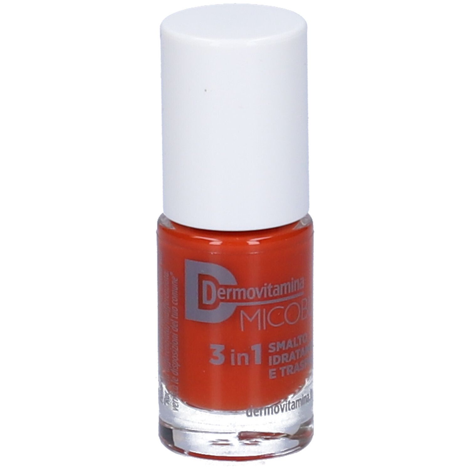 Flacone di smalto con tappo bianco. Scritta: Dermovitamina Micoblock 3 in 1 Smalto Idratante E Traspirante.