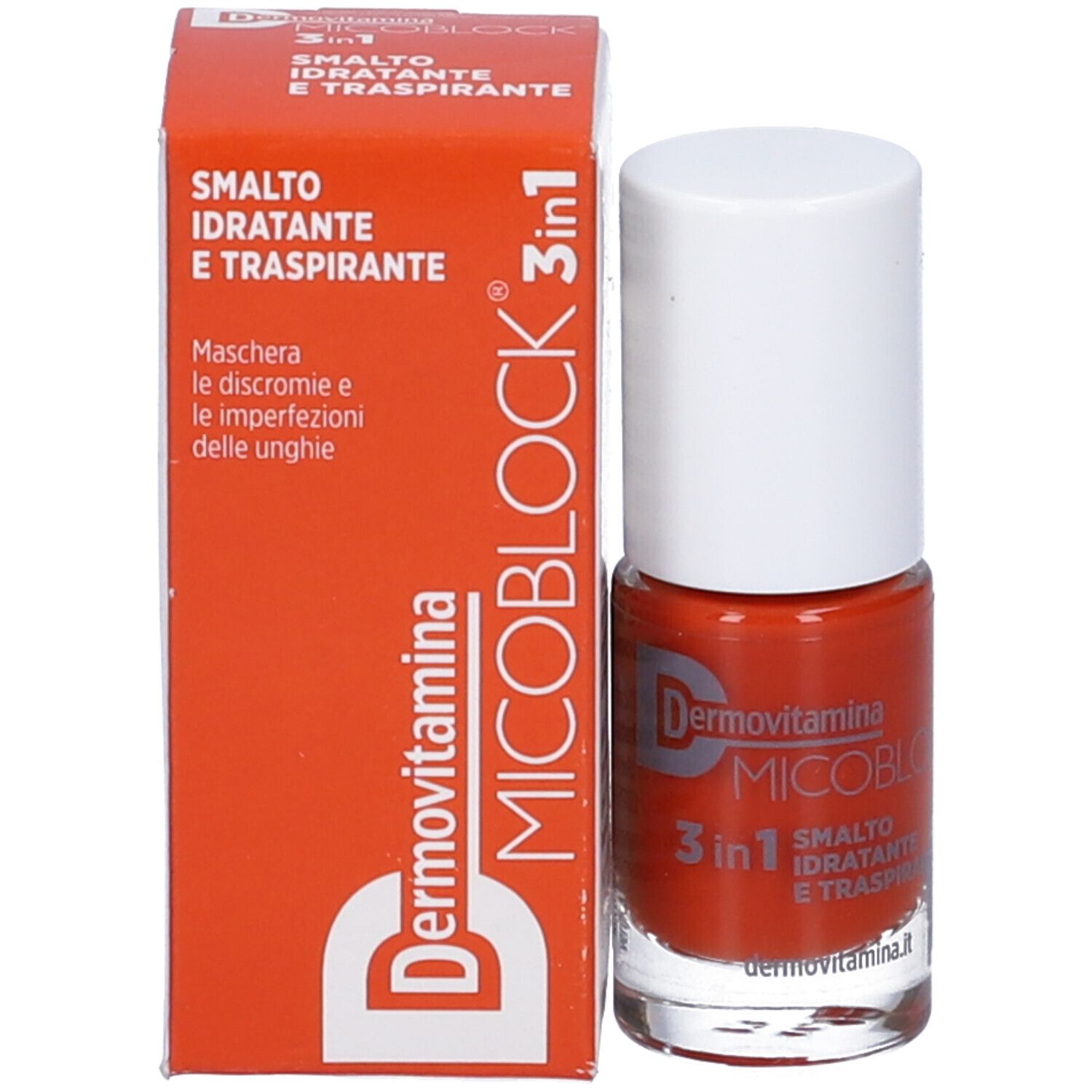 Flacone di smalto e confezione. Scritta: Dermovitamina Micoblock 3 in 1 Smalto Idratante E Traspirante.