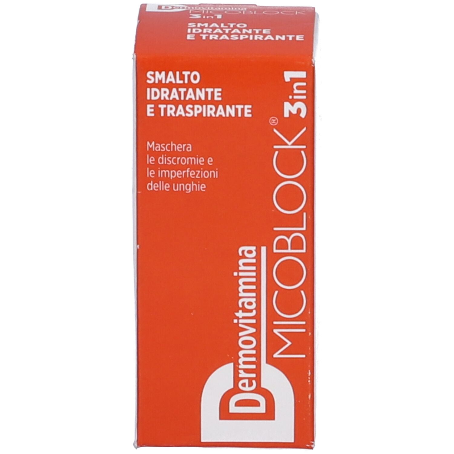 Confezione. Scritta: Dermovitamina Micoblock 3 in 1 Smalto Idratante E Traspirante.