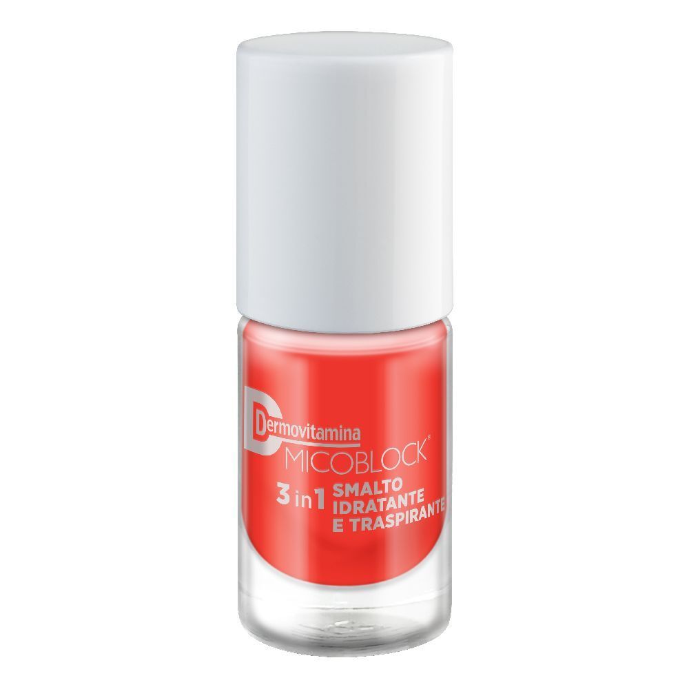 Flacone di smalto con tappo bianco. Smalto rosso. Scritta: Dermovitamina Micoblock 3 in 1 Smalto Idratante e Traspirante.