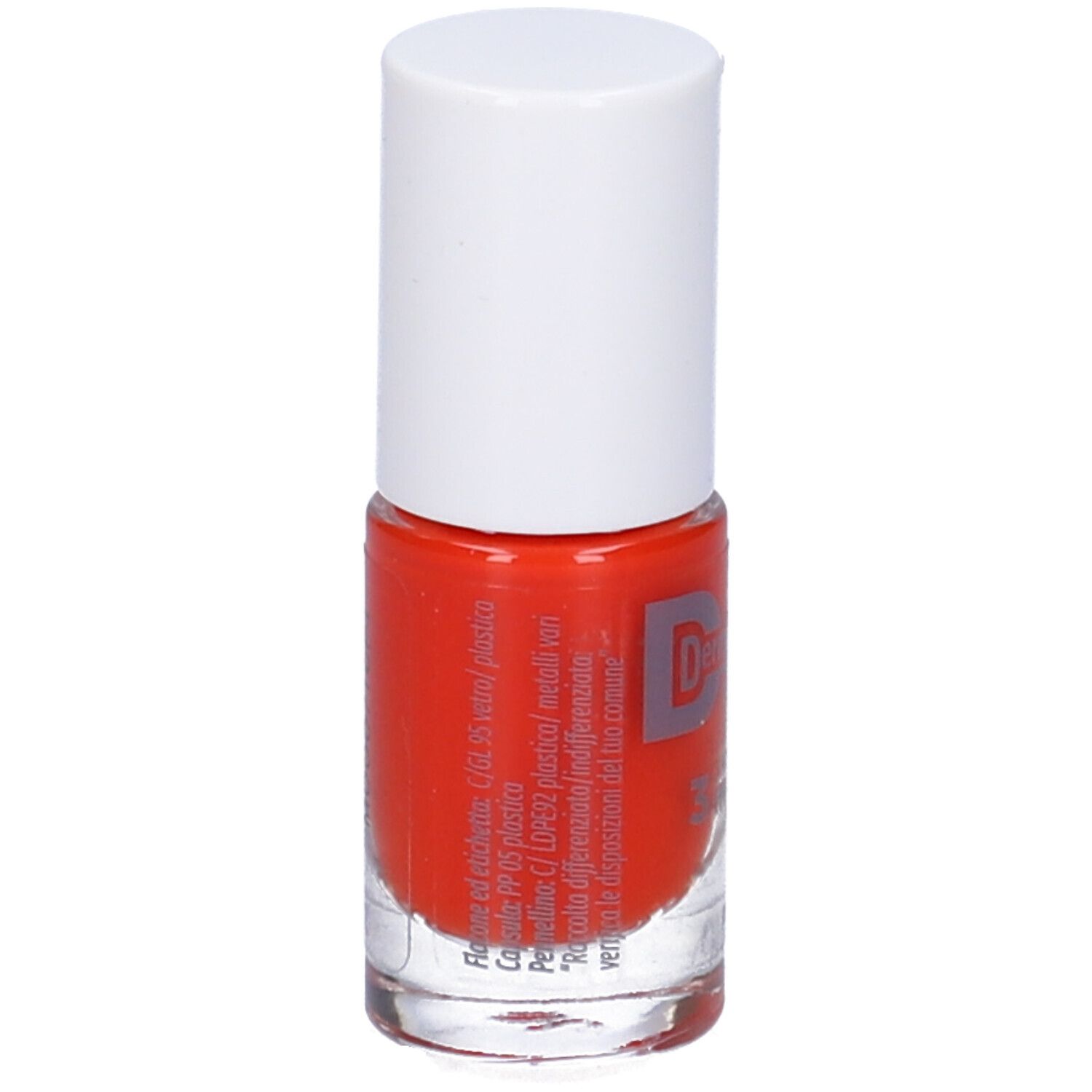 Flacone di smalto con tappo bianco. Smalto rosso. Scritta: Dermovitamina Micoblock 3 in 1 Smalto Idratante e Traspirante.