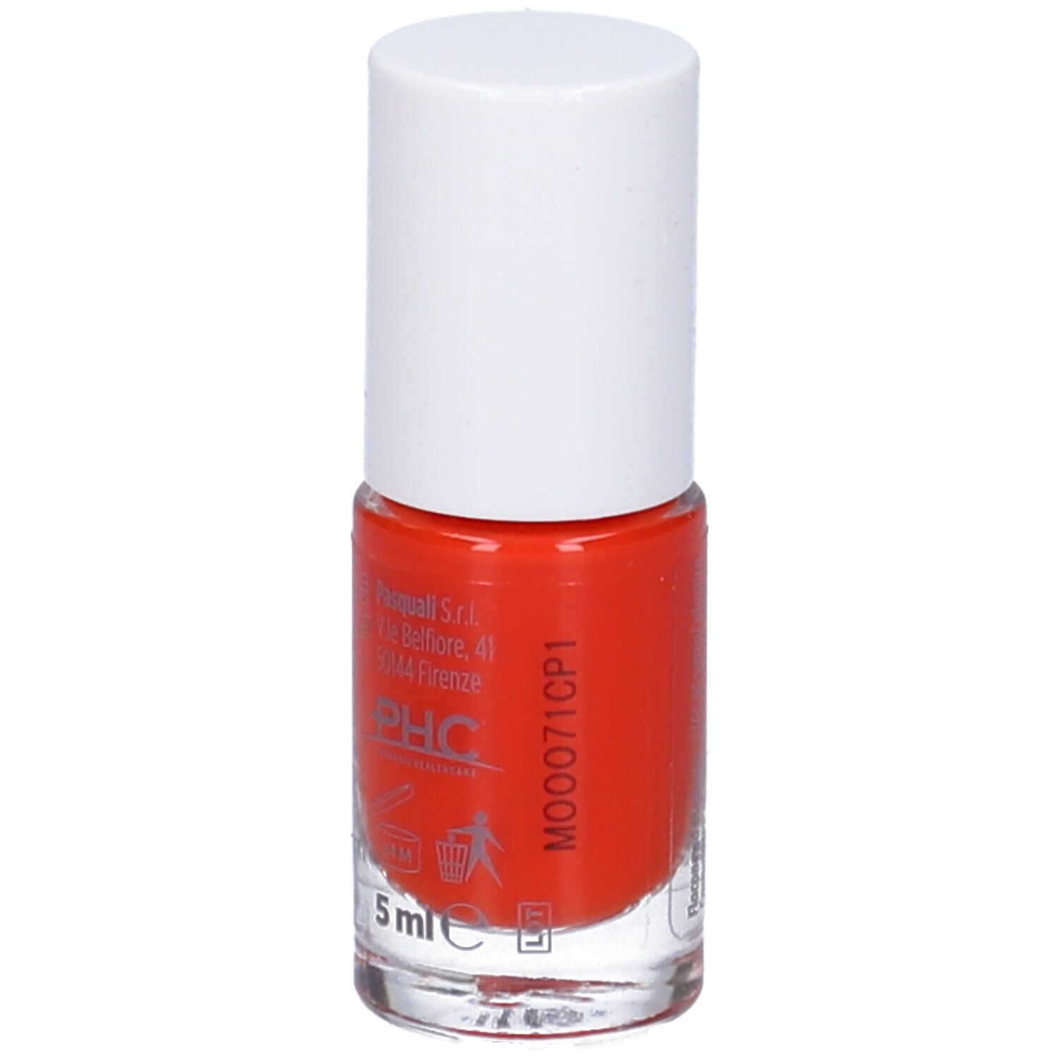 Flacone di smalto con tappo bianco. Smalto rosso. Scritta: Dermovitamina Micoblock 3 in 1 Smalto Idratante e Traspirante.
