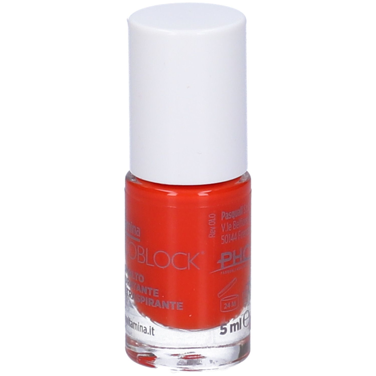 Flacone di smalto con tappo bianco. Smalto rosso. Scritta: Dermovitamina Micoblock 3 in 1 Smalto Idratante e Traspirante.