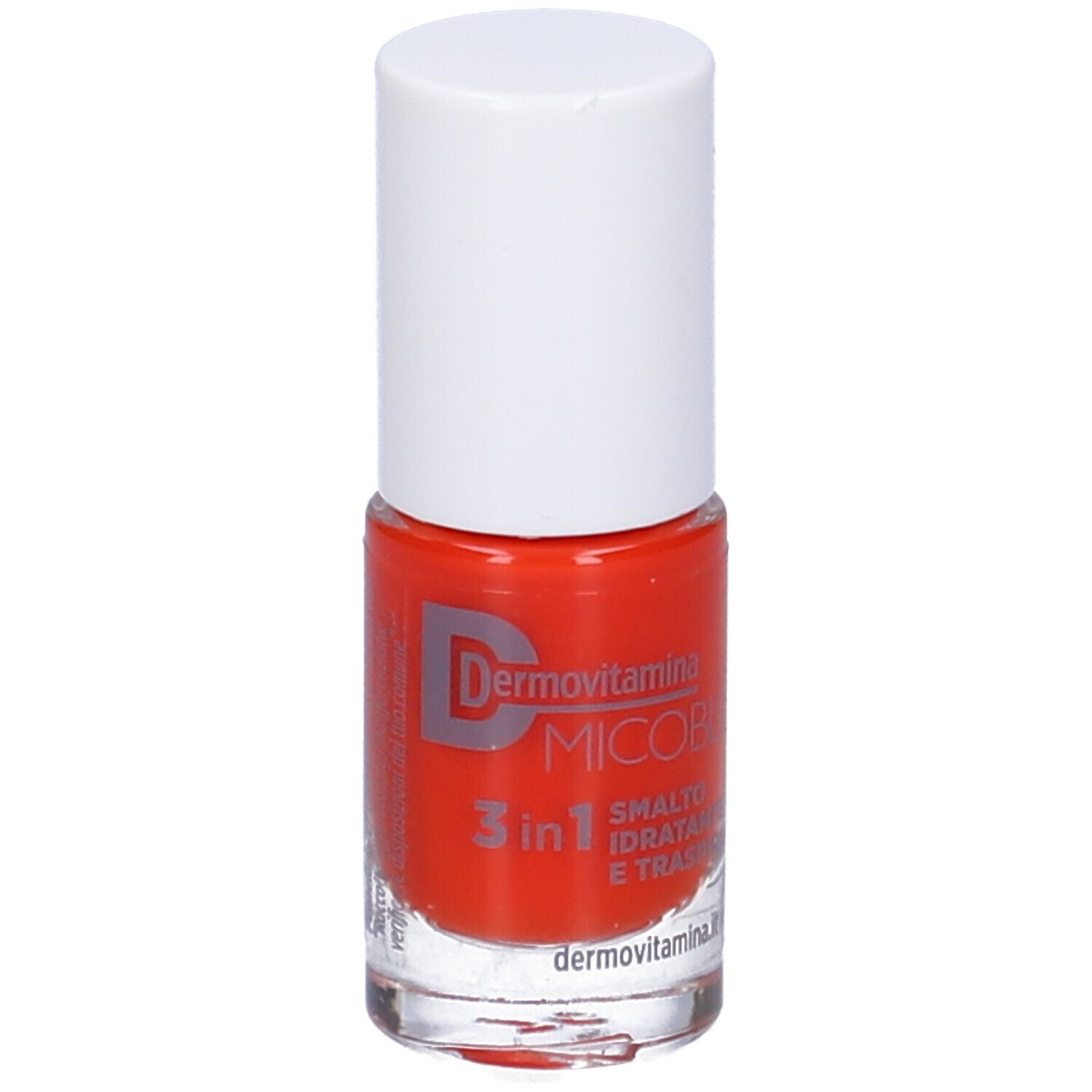 Flacone di smalto con tappo bianco. Smalto rosso. Scritta: Dermovitamina Micoblock 3 in 1 Smalto Idratante e Traspirante.