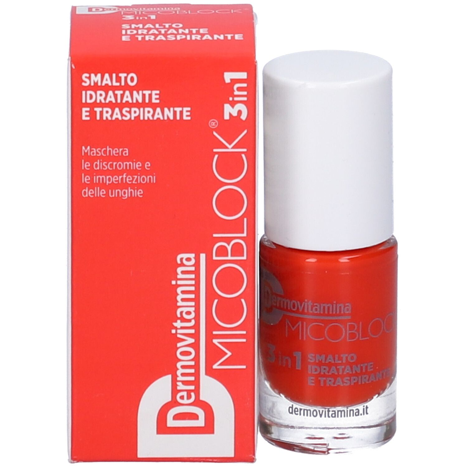 Flacone di smalto e confezione. Smalto rosso. Scritta: Dermovitamina Micoblock 3 in 1 Smalto Idratante e Traspirante.