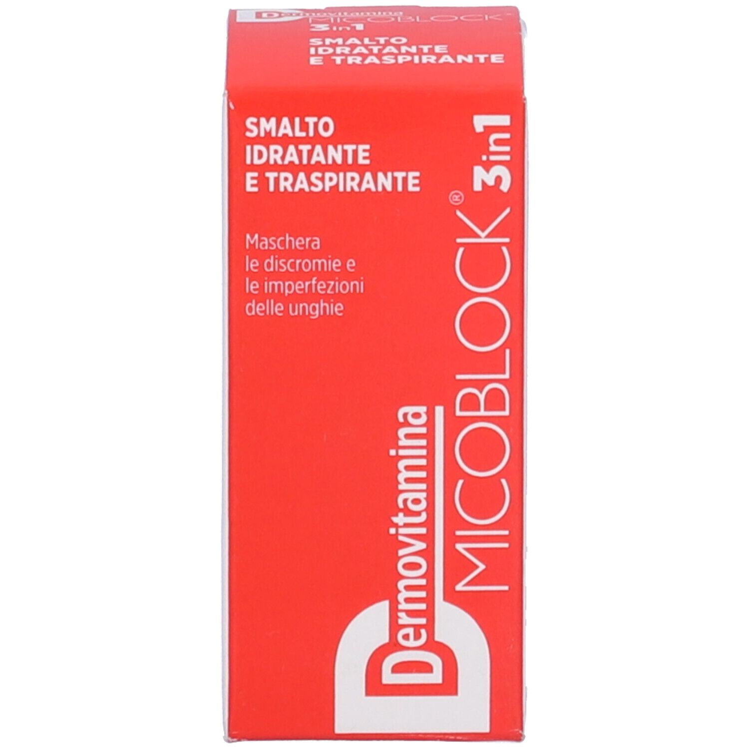 Confezione. Scritta: Dermovitamina Micoblock 3 in 1 Smalto Idratante e Traspirante. Testo: Maschera le discromie e le imperfezioni delle unghie.