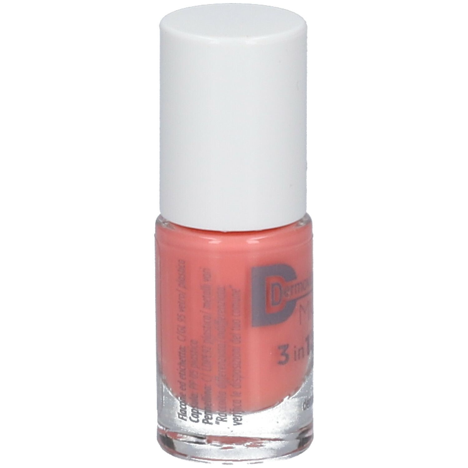 Flacone di smalto rosa con tappo bianco. Scritta Dermovitamina Micoblock 3 in 1, Smalto Idratante e Traspirante.